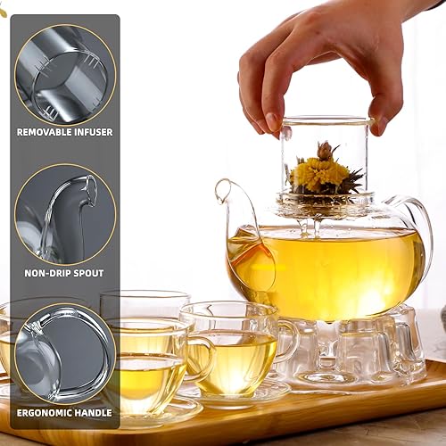 Miniatura 3 de Juego de tetera de vidrio, tetera de vidrio de 34 onzas33.8fl oz con infusor de té suelto y calentador, juego de 4 tazas de té y platillo de 5