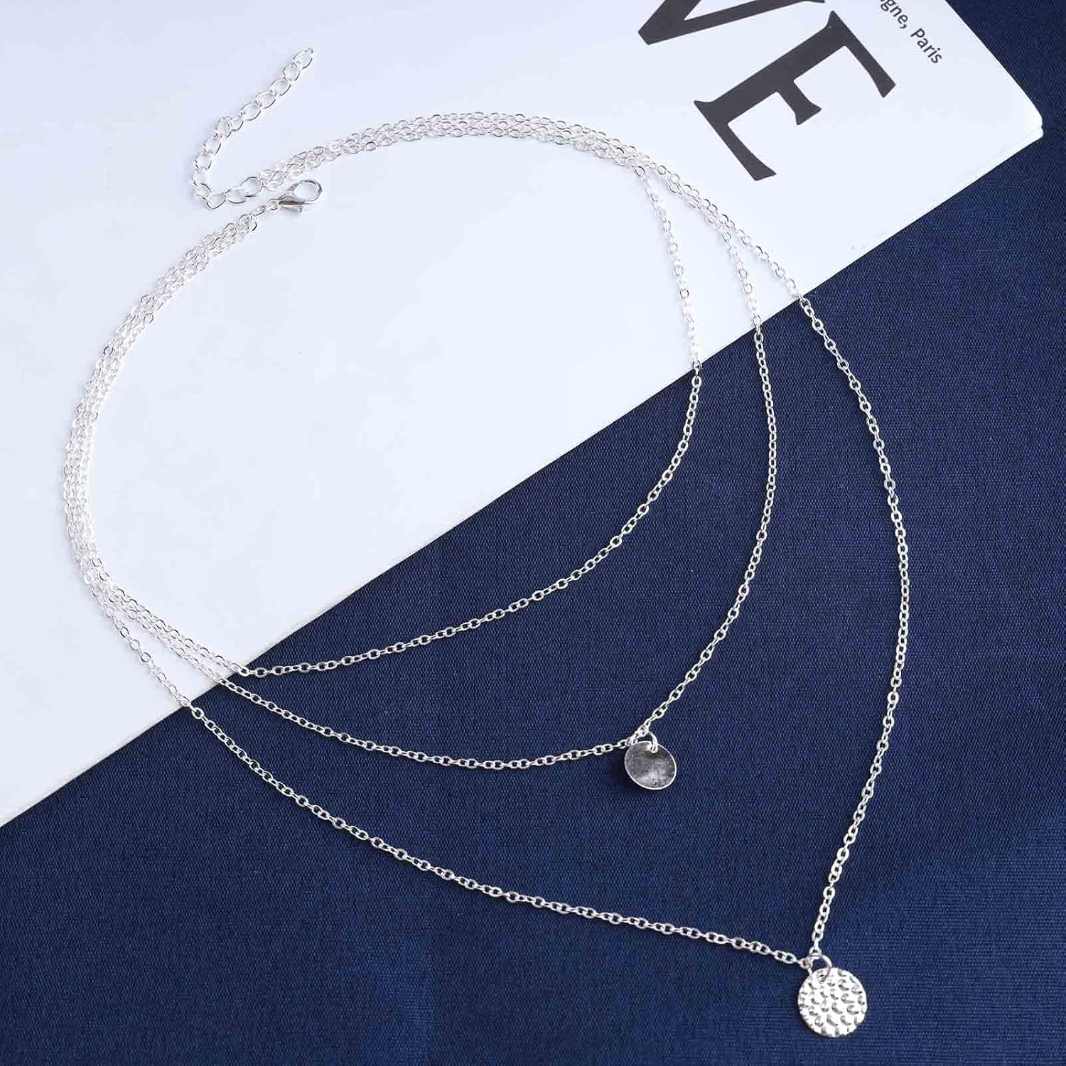 Boho Plated Layered Gold Disc Pendant Necklace Round Hammered Disc Necklace Layering Coin Chain Necklace Vintage Multi Layer Necklace Chain Jewelry for Women - Image 2