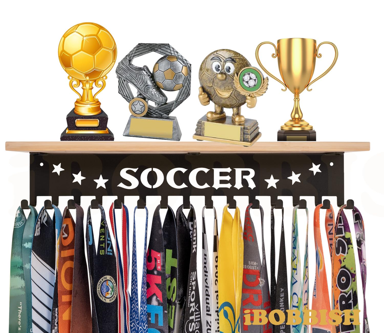 Soccer Trophy and Medal Display Shelf,Soccer Trophy Shelf with 15 hooks for Medals,Sturdy Soccer Trophy Shelf in Black Metal Wall Mount Over 60 Medals Trophy Display Shelf Soccer with Gifts Box