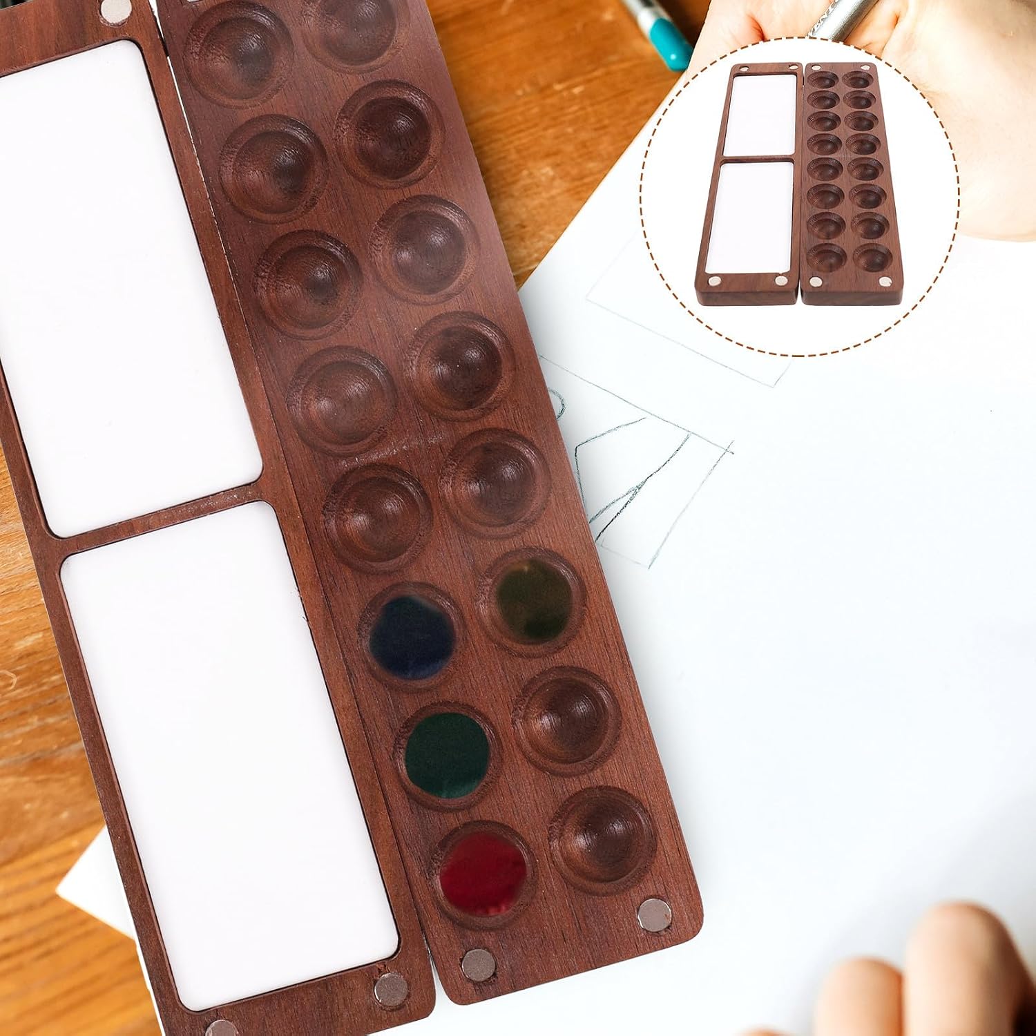 Unomor Mini Handmade Black Walnut Wooden Watercolor Pigment Box with Lid DIY Paint Pallet Tray for Portable Pigment Storage Mixing Case for Home Studio and Outdoor Painting