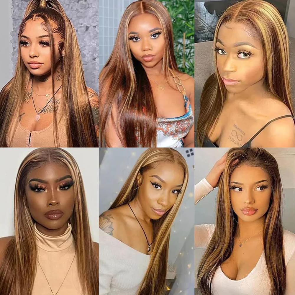 P27/30 Highlight Honey Blonde Bundles Straight Human Hair Highlight Bundles Human Hair Ombre Light Brown Silky Soft Remy Hair Extensions 16 18 20 inch