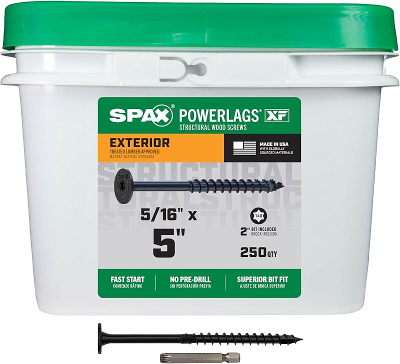 SPAX 5/16" x 5" Powerlags XF Tornillos de retraso para madera estructural con cabeza de panqueque exterior (250 piezas) T40 T-Star HCR Estructuras de cubierta de paisaje de madera resistente Alta resistencia a la corrosión