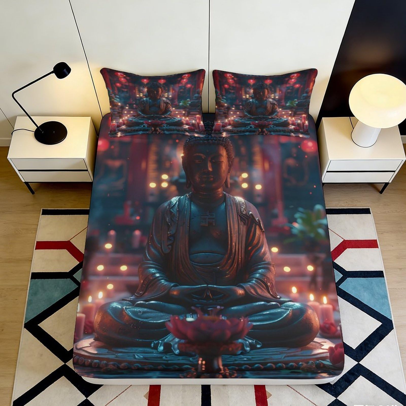 3D Printed Buddha Meditation Fitted Sheet Microfiber Soft Breathable Candlelight Bed Cover for Bedroom Dorm Decor 90x200x25cm