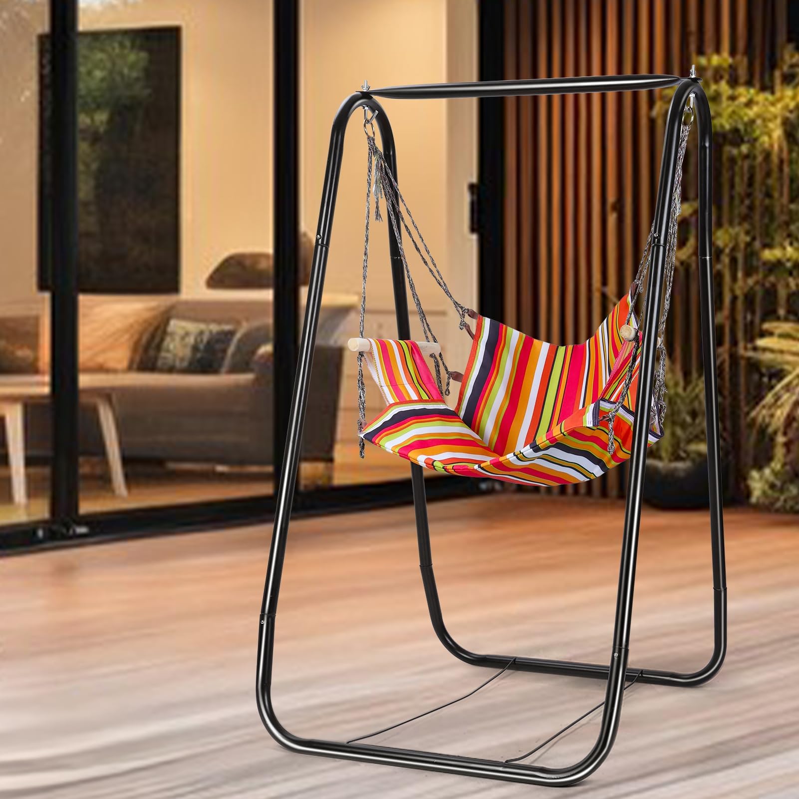 Saterkali Supporto per amaca, robusto e resistente alla ruggine, con supporto incluso, supporto in metallo anti-deforme, per interni ed esterni, patio, cortile, nero