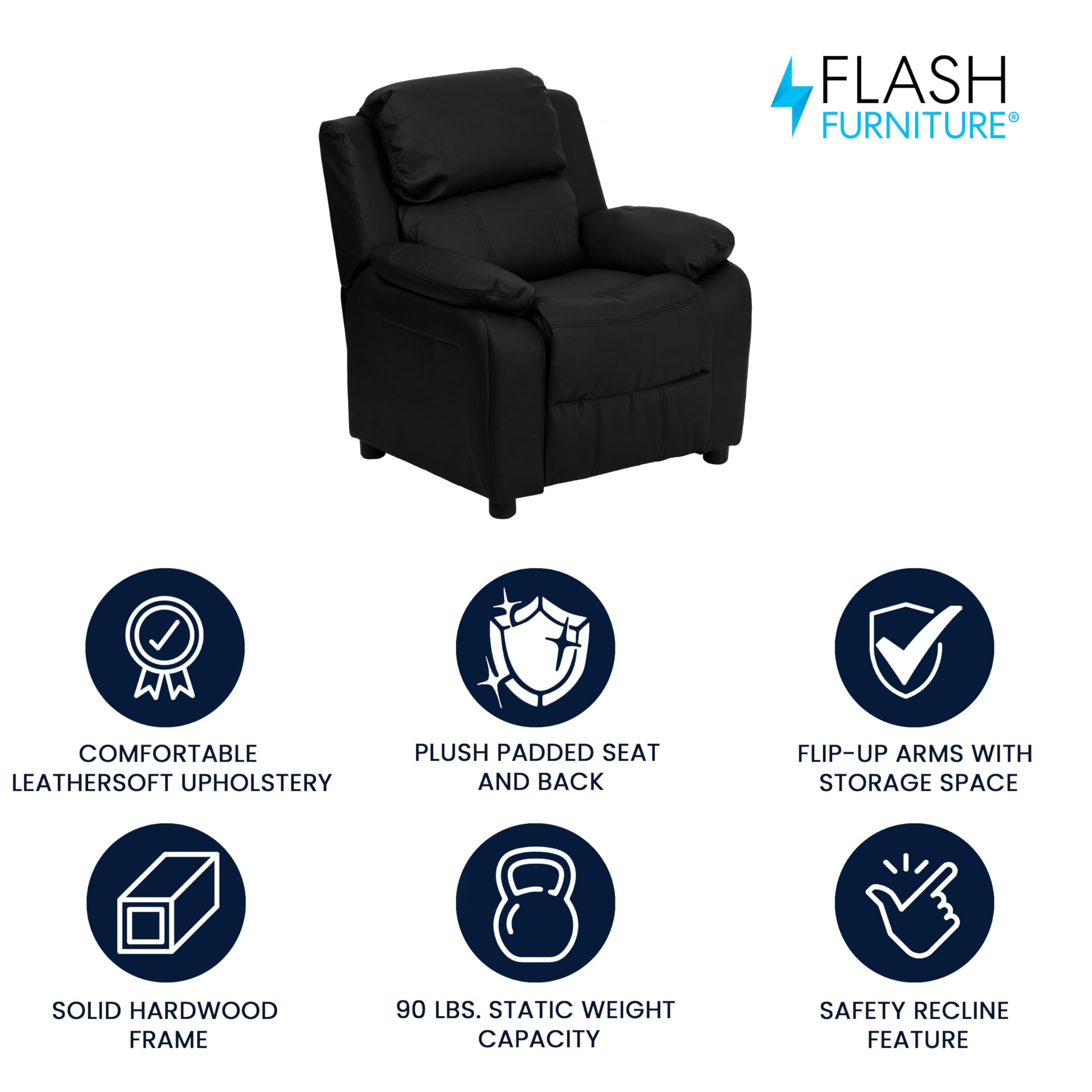 Flash Furniture Deluxe Padded Contemporary Kids Recliner with Storage Arms, Leather, Black, 66.04 x 53.34 x 53.34 cm