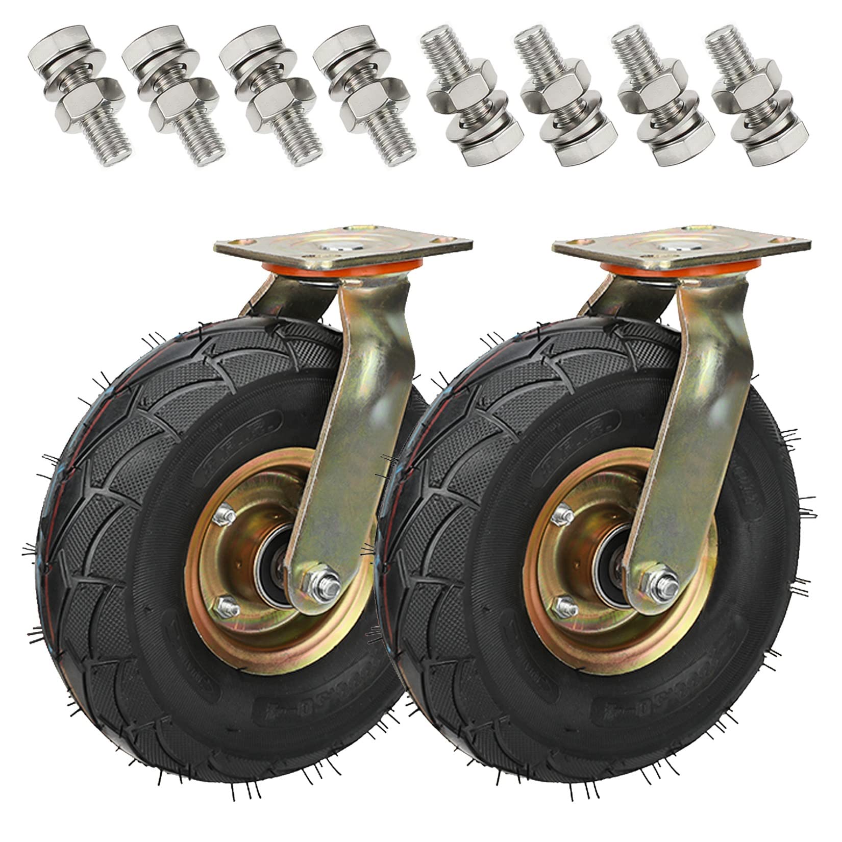 GBRJUYF Heavy Duty Pneumatic Caster Wheels Set with Side Brakes and Double Ball Bearing Rubber Castor Wheels Silent Shock Absorption for Trolleys/Furniture (2pcs)