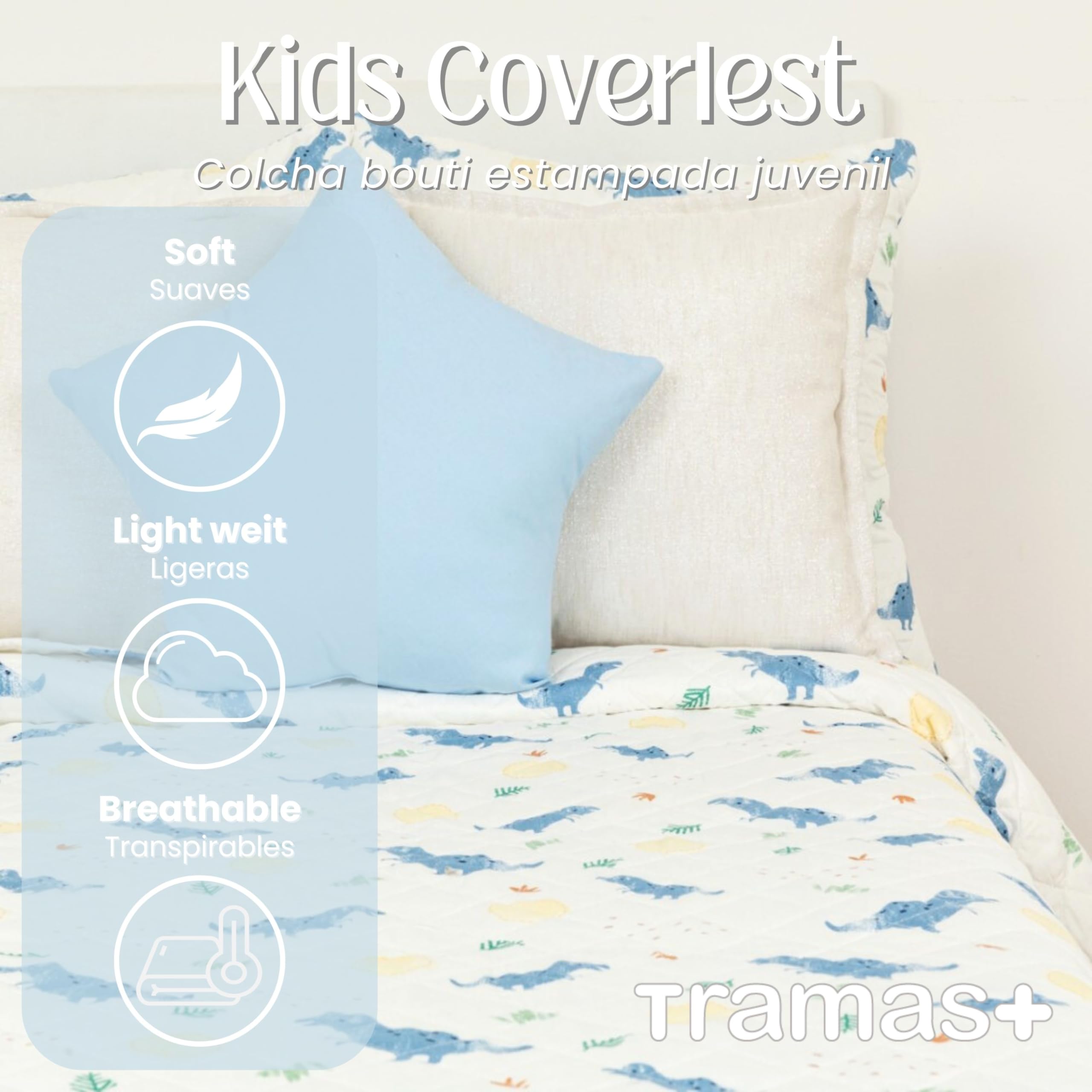 TRAMAS+ Colcha Infantil de Verano y Primavera, Microfibra Acolchada Estampada, 220 x 270 cm, Diseño Divertido para Cama 120 cm - Dinosaurus Indigo