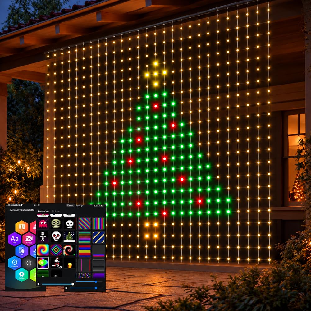 Christmas LED House and Smart Outdoor Wall Curtain Light 400 LEDs 6.6 x 6.6 FT Color Changing APP Control DIY Animated Display for Windows Roofs Patio Holiday Decorations