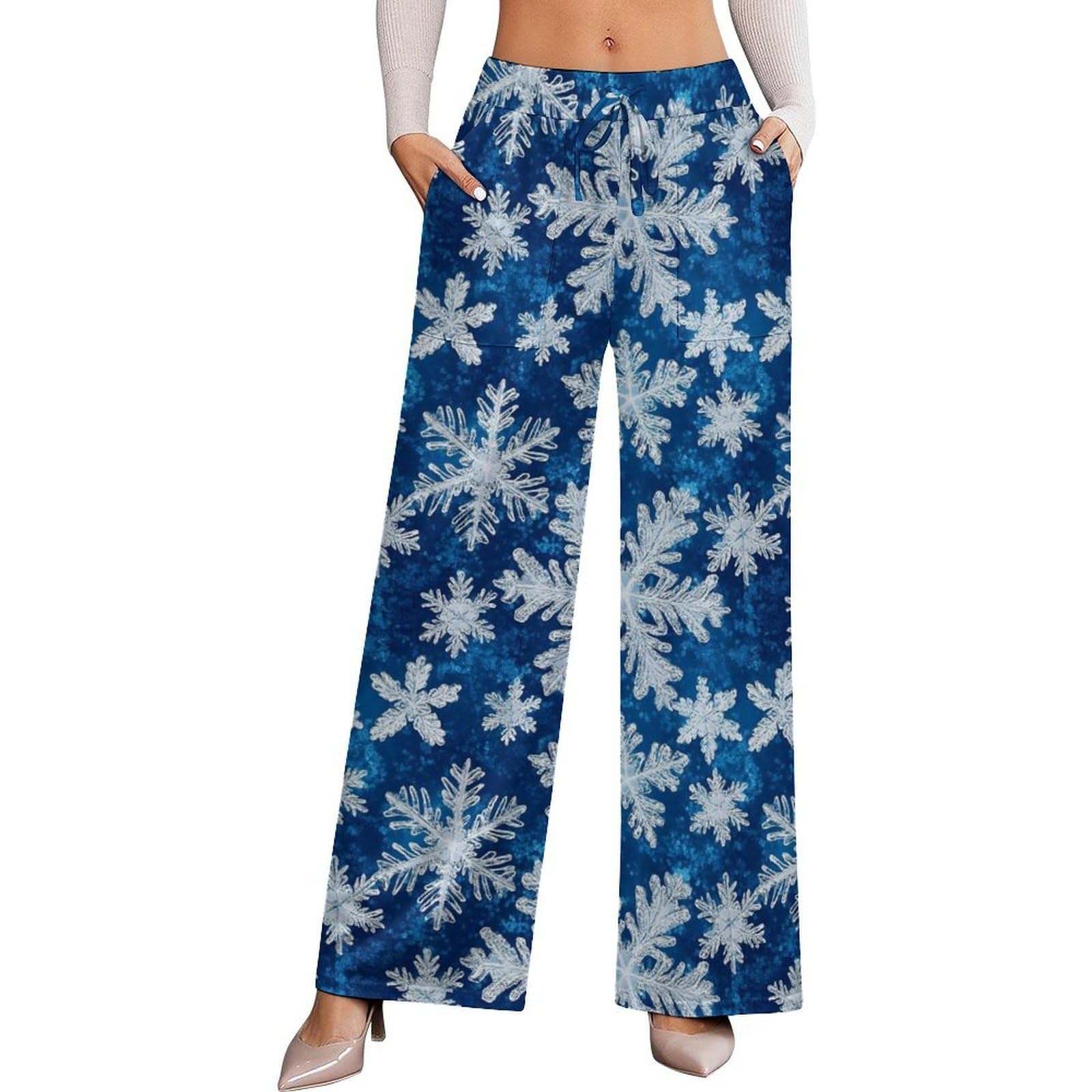 Wide Leg Pants for Women Cotton - Blue and White Snowflakes Print Ladies Casual High Waisted Slacks Palazzo