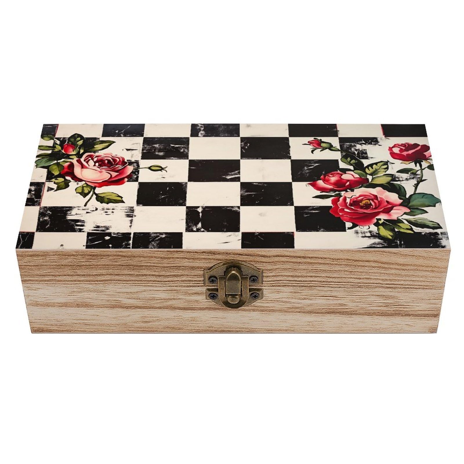 HLBSDM Checkerboard Rose Floral Vintage Wooden Keepsake Box with Hinged Lid And Locking Clasp, Decorative Storage Box for Jewelry, Trinkets And Small Accessories, Organizer for Home Or Wedding