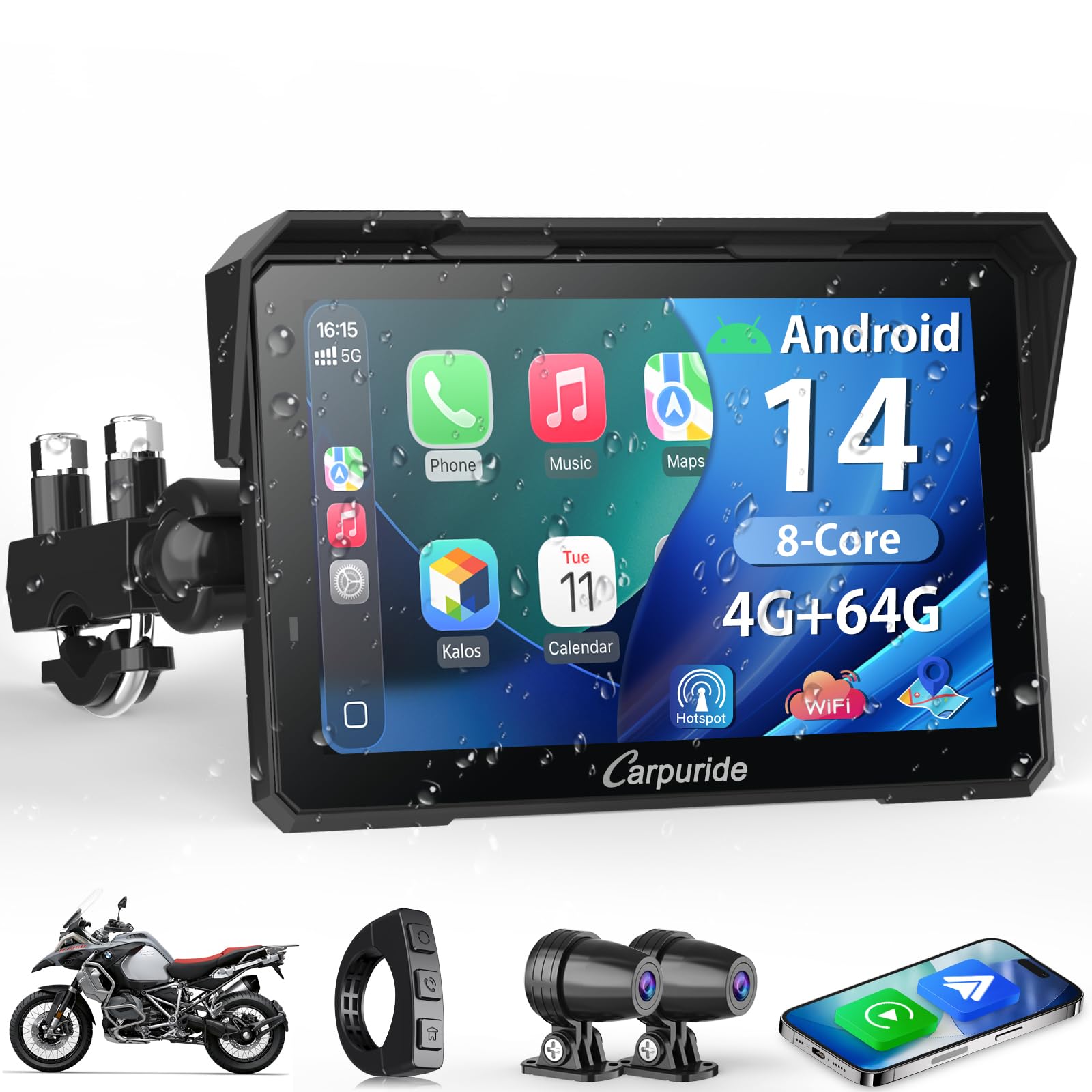 Carpuride W702 Plus 8 Kern Android 14 Motorrad Carplay Bildschirm mit Dual Kameras, Kabellos CarPlay und Android Auto, 7