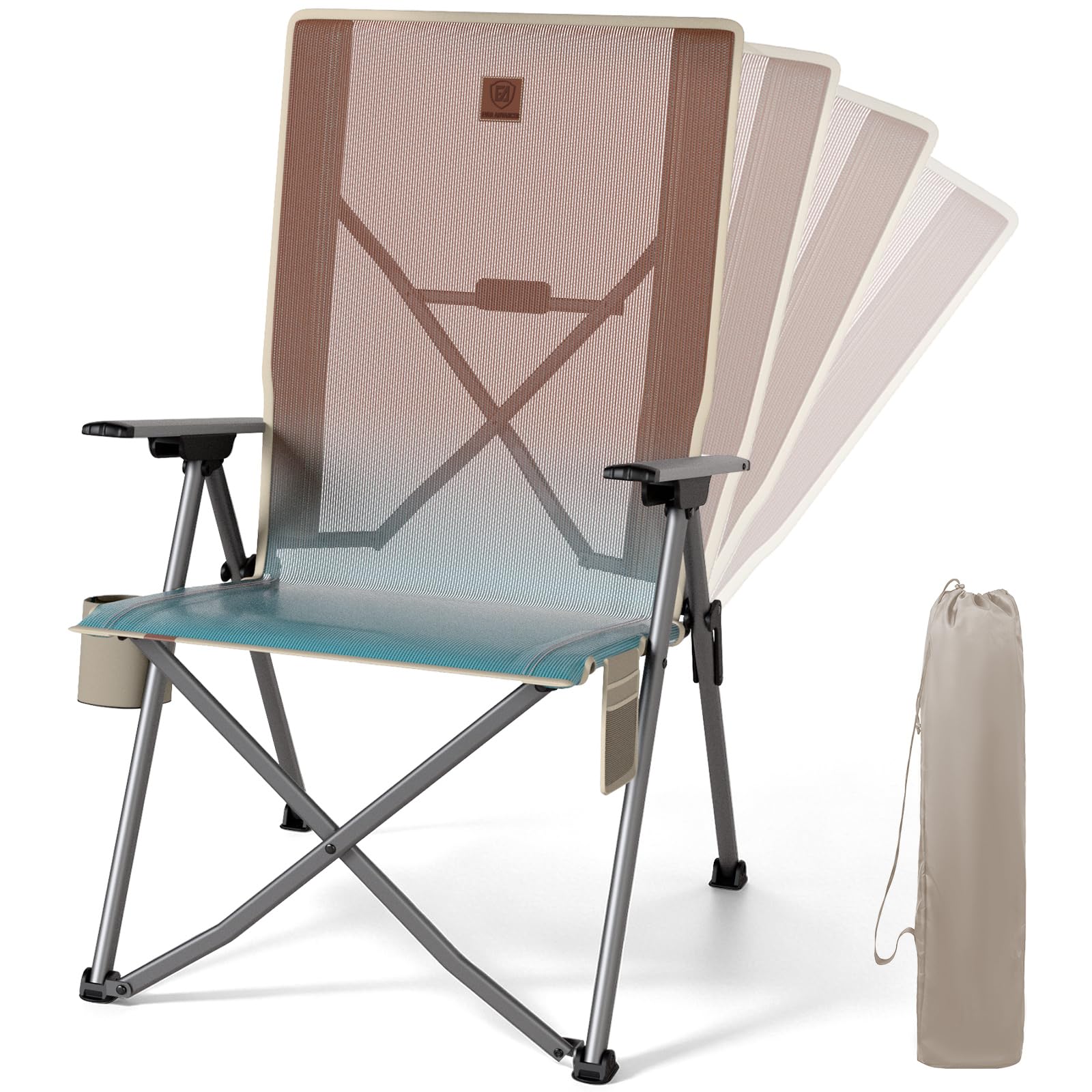 EVER ADVANCED Stretch Mesh Reclining Camping Chair for Adults, Folding Chair Heavy Duty with 4-Position Adjustable High Backrest, Portable Chair Supports 160KG, Orange Blue