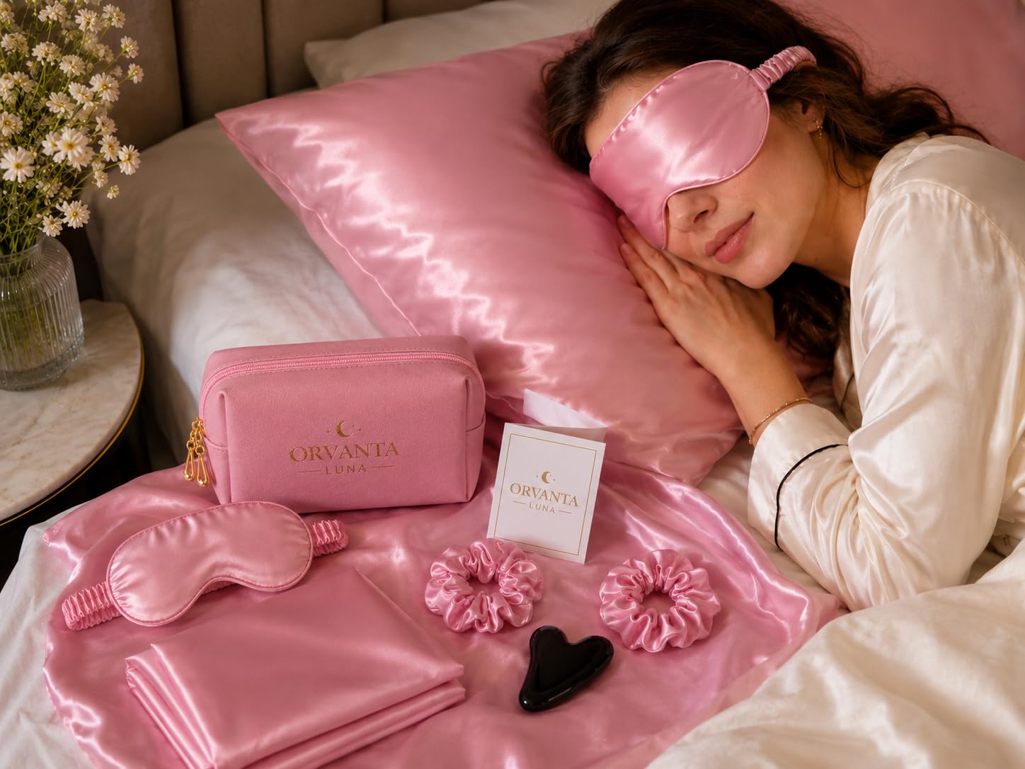 Luna Luxury Self Care Gift Set for Women – Satin Sleep Mask, Satin Pillowcase, Gua Sha, Satin Scrunchies & Travel Pouch (Blush Pink)