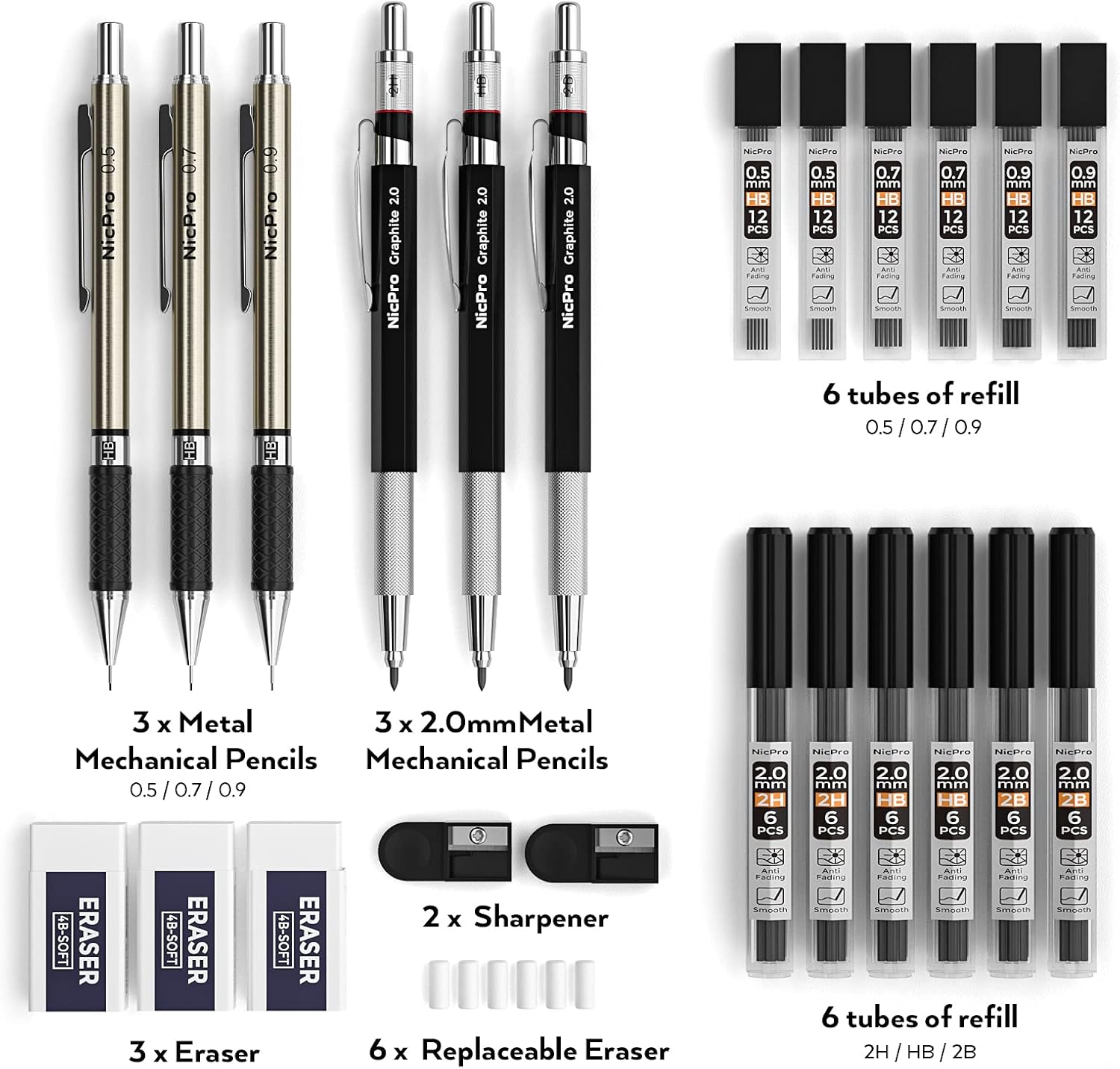 Nicpro 6PCS Art Mechanical Pencils Set, 3 PCS Metal Drafting Pencil 0.5 mm & 0.7 mm & 0.9 mm & 3 PCS 2mm Graphite Lead Holder (2B HB 2H) For Writing, Sketching Drawing With 12 Tube Lead Refills Case : Office Products