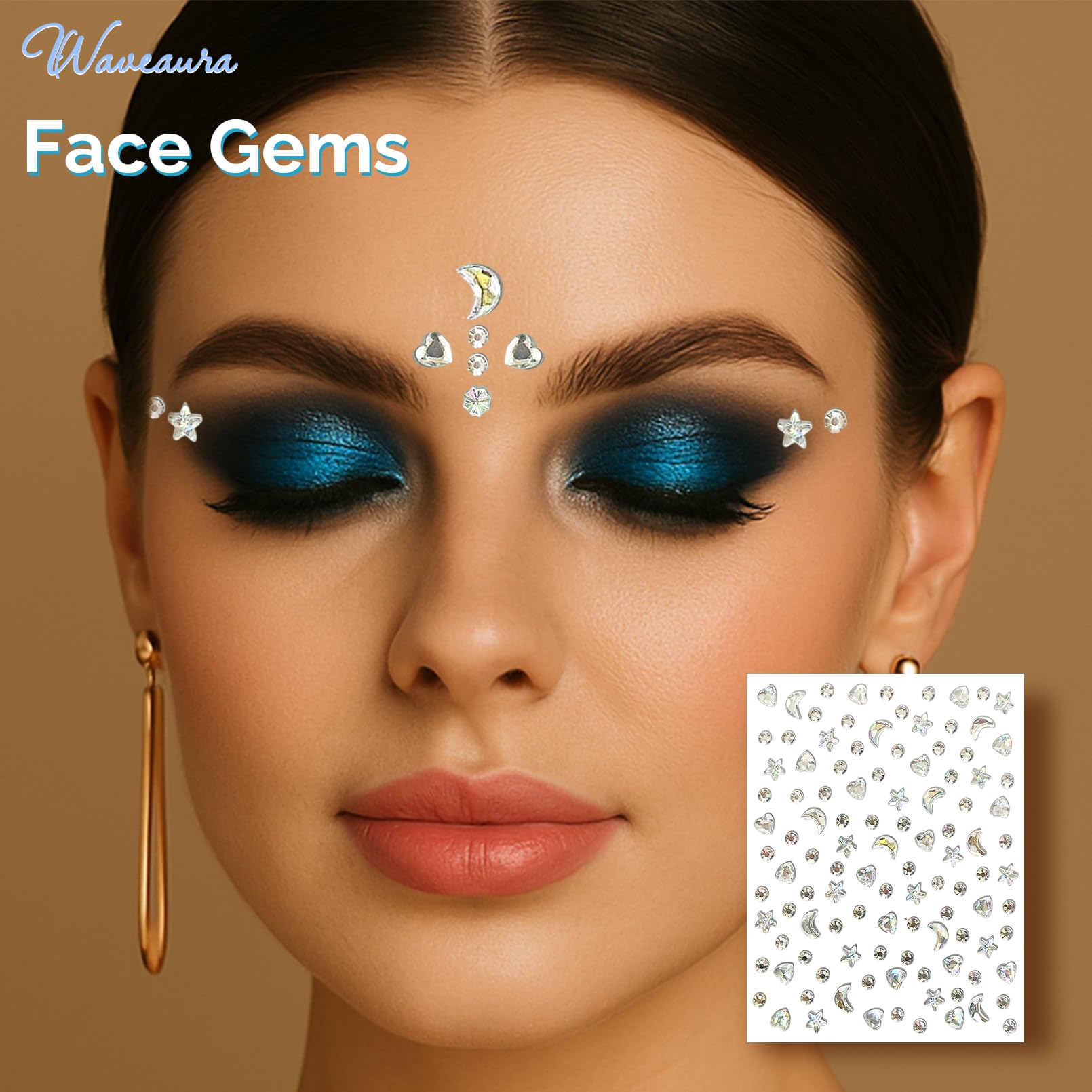 Waveaura Face Gems 4 Sheets Glitter Temporary Tattoos Stickers Mixed Shape Heart Star Crescent Butterfly Umbrella Colorful & Crystal Festival Rave Accessories Jewels for Women Party Body Nail Art DIY - Image 4
