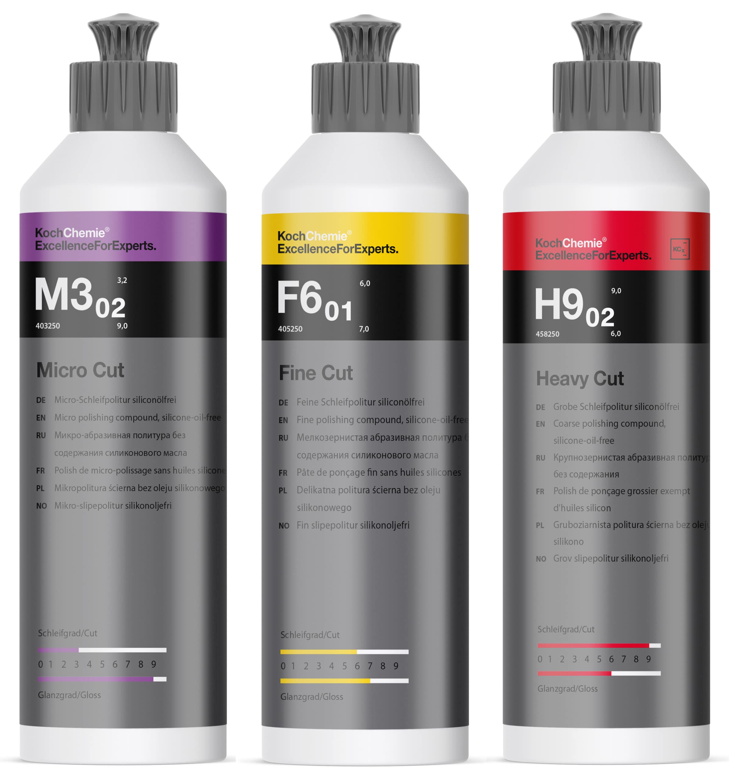 ADVANTUSE - Koch Chemie Politur Set Neue Pads (2024) 25mm Höhe (3x Politur 250ml + 3x Pad 150mm)