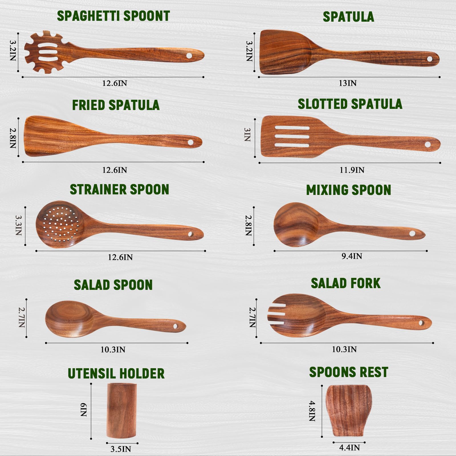 Holzlöffel zum Kochen, natürliches Teakholzutensilien-Set, 10-teiliges handgefertigtes Küchenhelfer-Set aus Holz mit Halter und Löffel, langlebiges Antihaft-Küchen-Kochgeschirr-Werkzeug