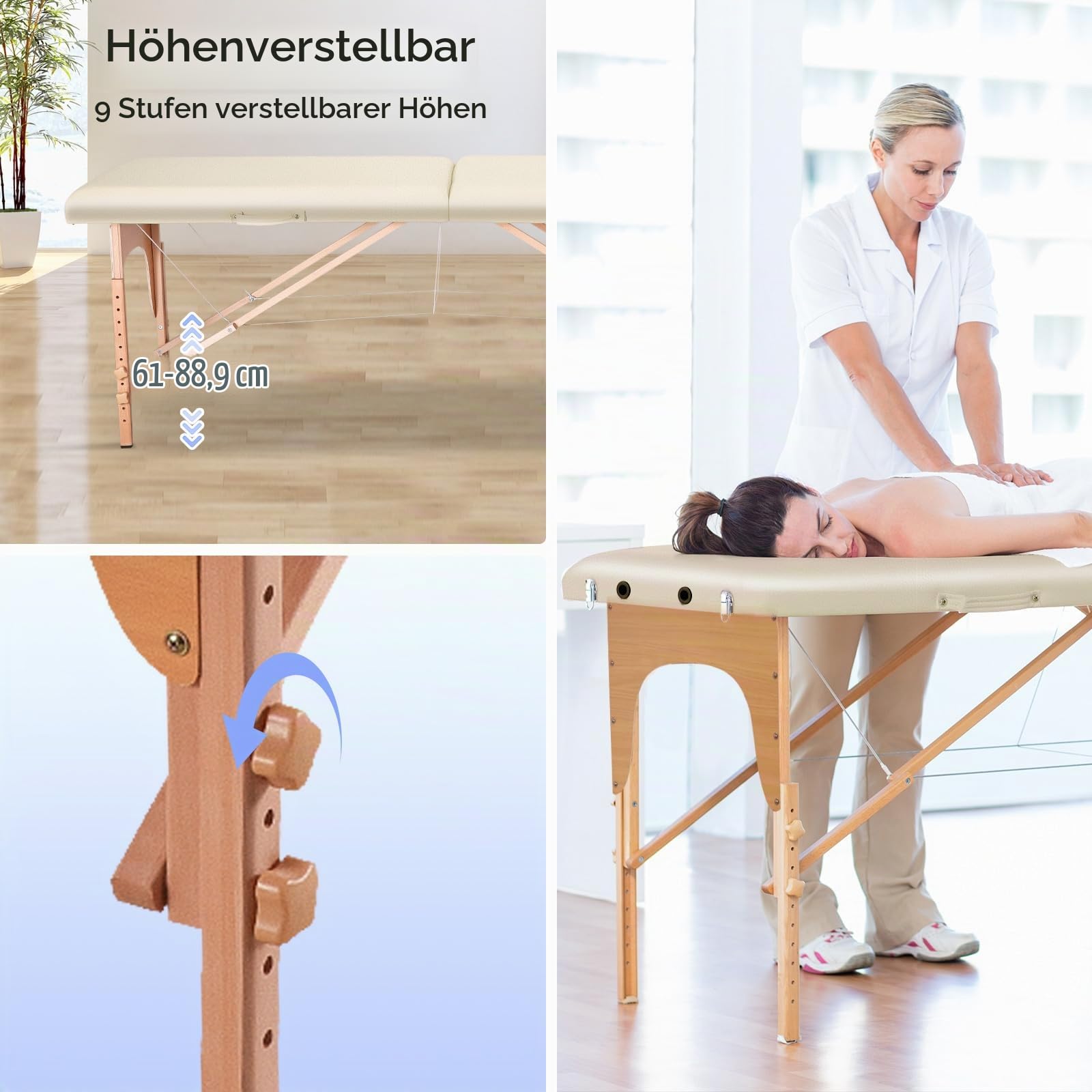 BODIOO Massageliege Mobile Massagetisch mit Holzfüßen 2-Zonen höhenverstellbar Tragebares Massagebett inkl. Kopfstütze & Armlehnen 213 × 60 x 88 cm bis 250 kg Belastbar-Cremefarben