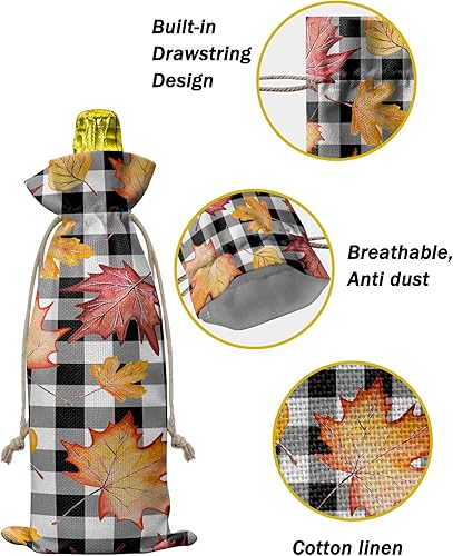 Miniatura 4 de 10 bolsas de regalo de vino, Día de Acción de Gracias, acuarela, hojas de arce, estampado de hojas de arce en blanco y negro, bolsas para botellas