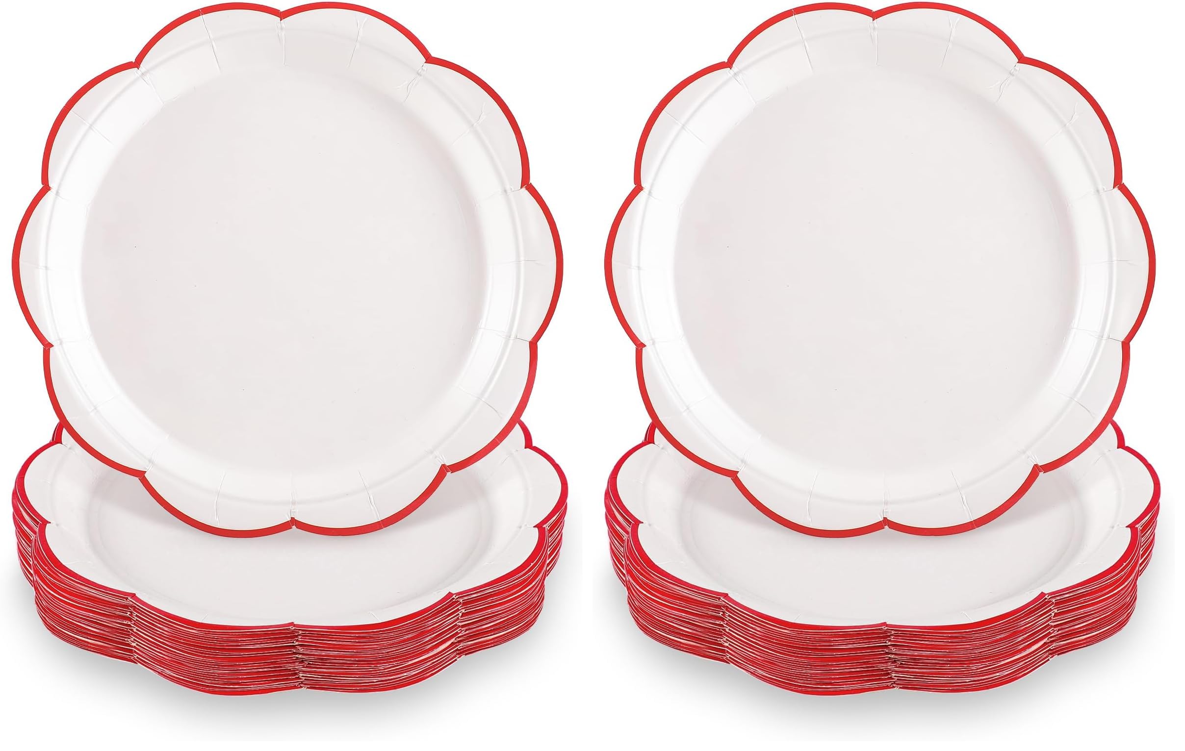 NatNarr 30 Pcs Red and White Paper Plates, 7 Inch White Plates with Red Trim Scalloped Valentine’s Paper Plate Disposable for Valentine's Day, Baby Shower, Wedding, Bridal Shower (Pack of 2)
