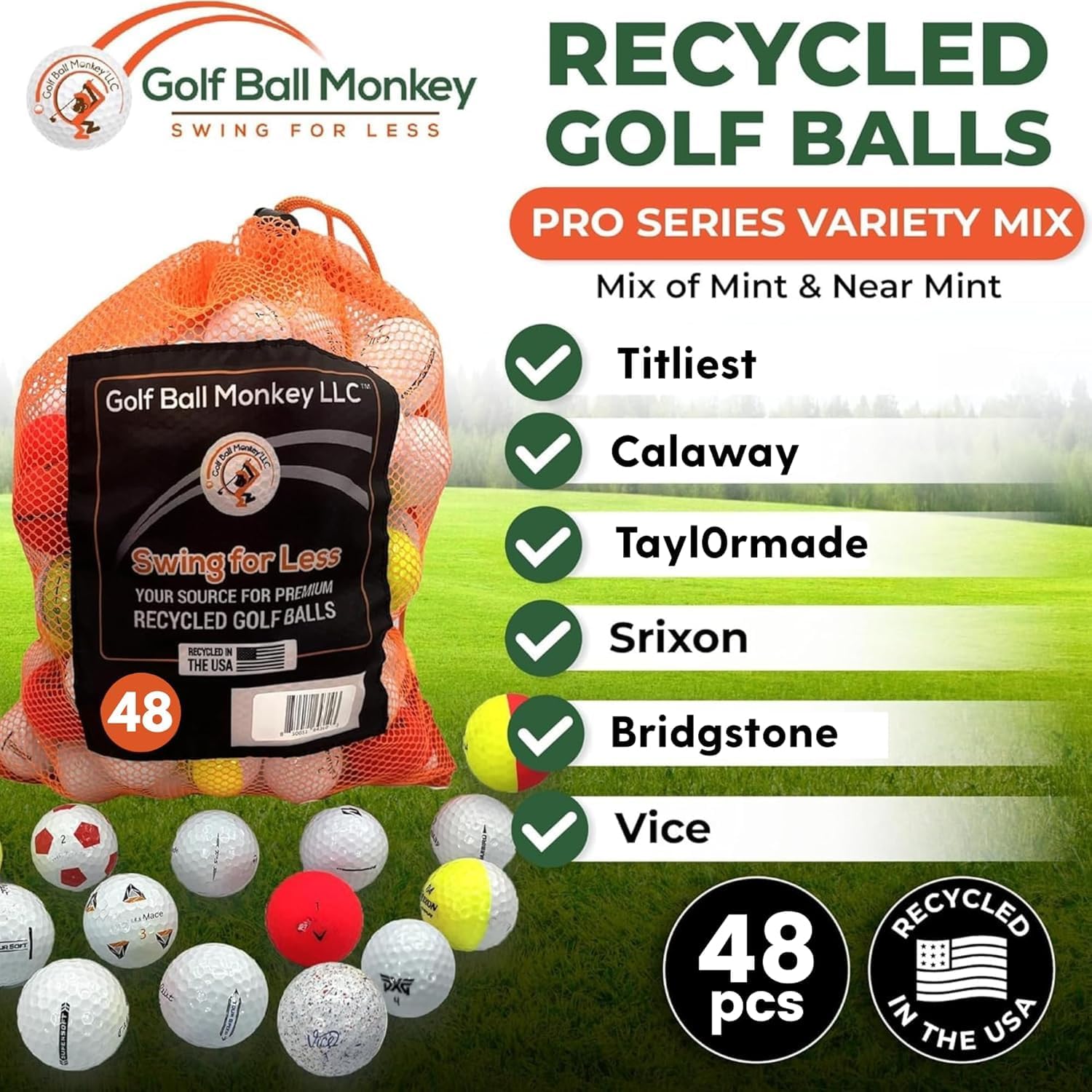 Golf Ball Monkey Pro Line Used Golf Balls Bulk Variety Mix - Recycled and Used Bulk Golf Balls Cheap from Top Brands w/MeshBag