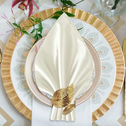 Miniatura 4 de VIJIV Juego de 12 servilletas de tela y juego de 6 anillos de servilleta dorados, 17x17 servilletas de cena cuadradas de satén para mesa, anillos,