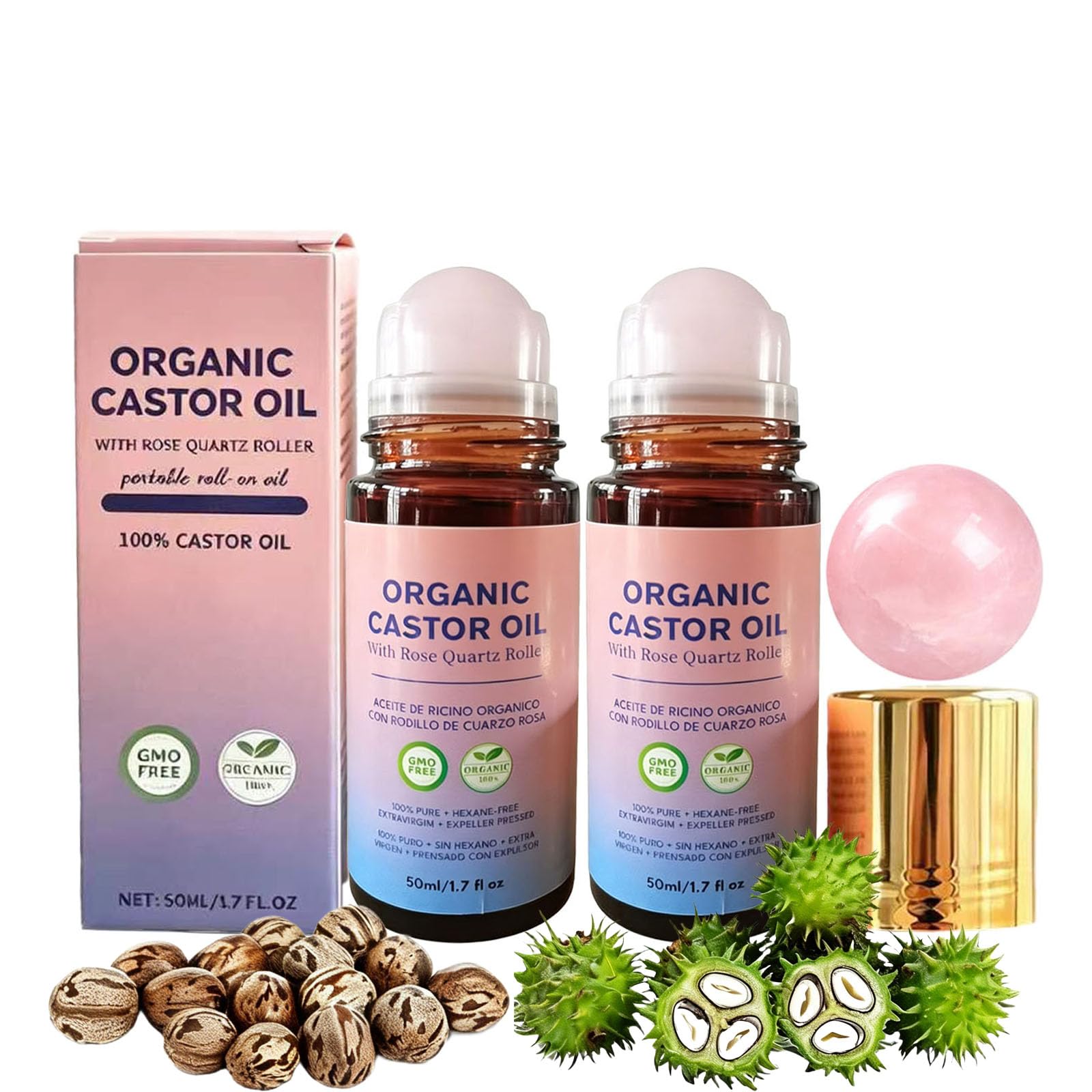 2 Pcs Organic Castor Oil with Rose Quartz Roller, 100% Castor Oil Organic Cold Pressed for Hair, Face &amp; Body Skin Moisturizing Care, Hexane-Free.