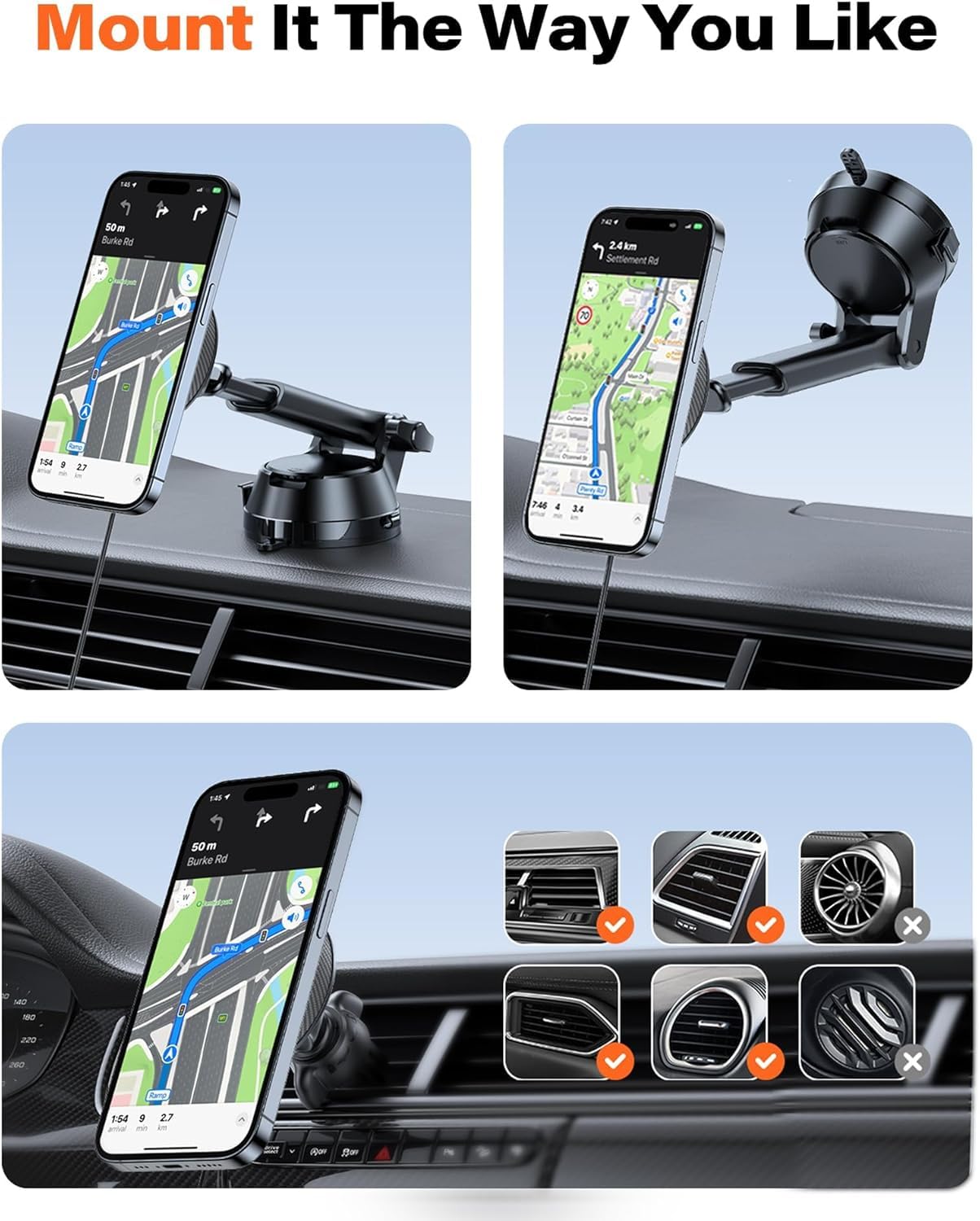 APPS2Car 15W Magnetic Wireless Car Charger, Dashboard/Windshield/Vent Car Phone Mount for iPhone 16/15/14/13/12 Series, Compatible with MagSafe and Cases