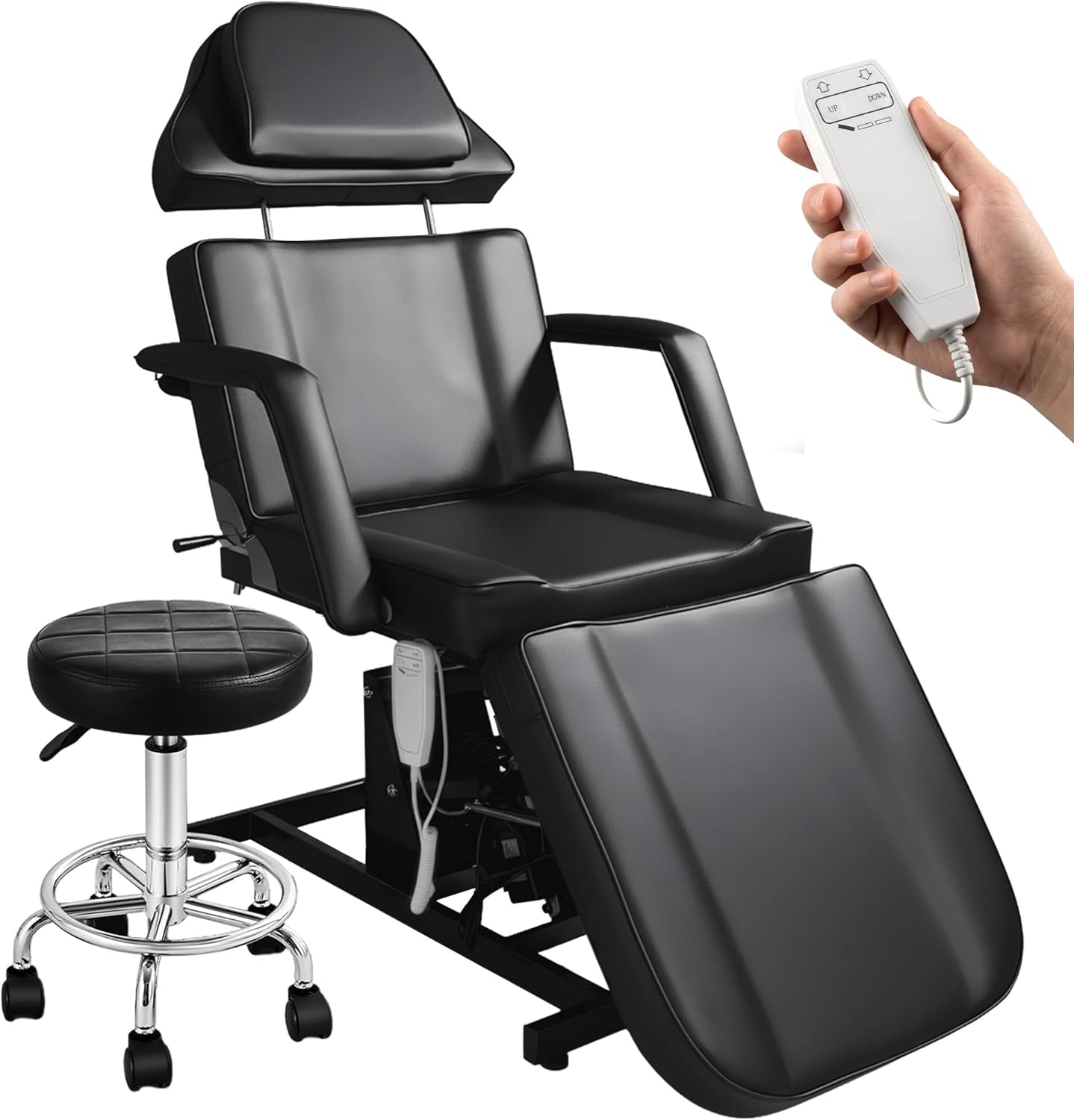 Fully Electric Facial Tattoo Bed for Client, Esthetician Lash Chair with Rolling Stool, Remote Control, Extended Headrest All Purpose Artist Massage Table Beauty Salon Spa Equipment, Black