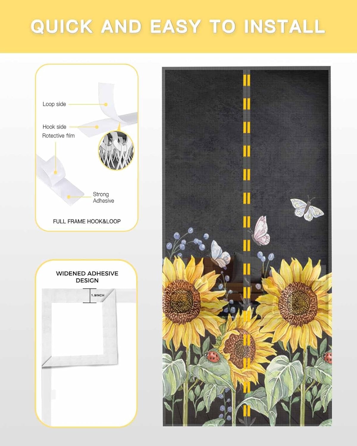Screen Door 38"x83" Oil Painting Sunflower Park Butterfly Door Screen Magnetic Closure, Black Hands Free Magnetic Screen Door for Single/Sliding/Front Door