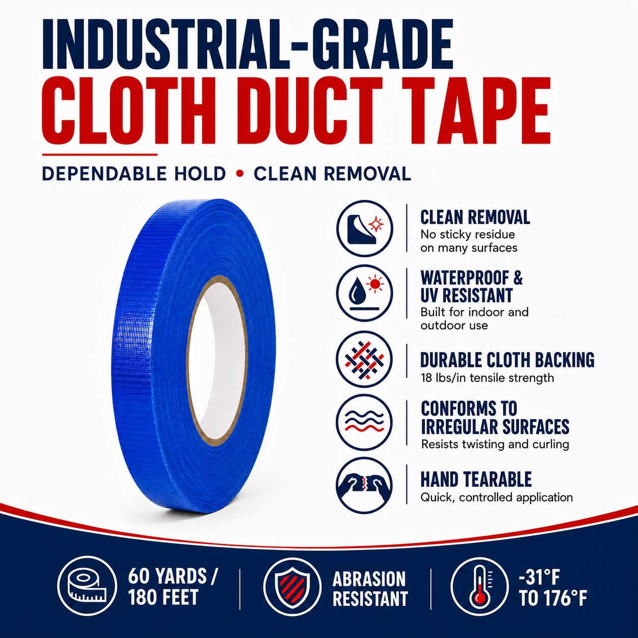 Cinta adhesiva T.R.U. CDT-36 de grado industrial. Resistente al agua y a los rayos UV. Varios colores disponibles. 60 yardas. (azul oscuro, 7,6 cm.)