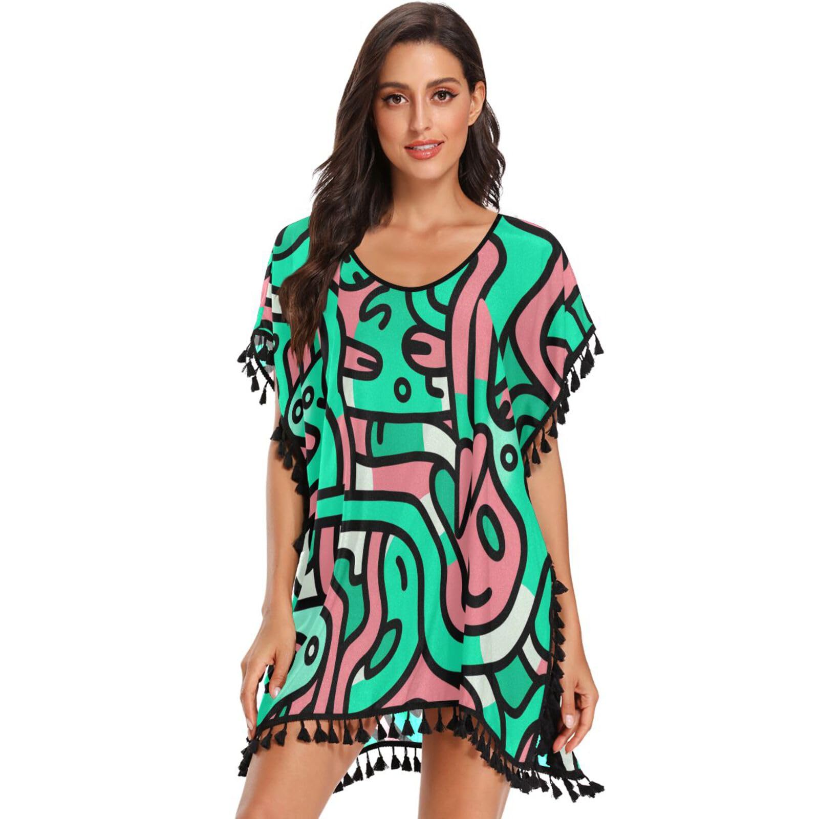Doodle Art Abstract Animal Women's Beach Cover Up Chiffon Tassel Swimwear Swimsuit Coverups for Girl