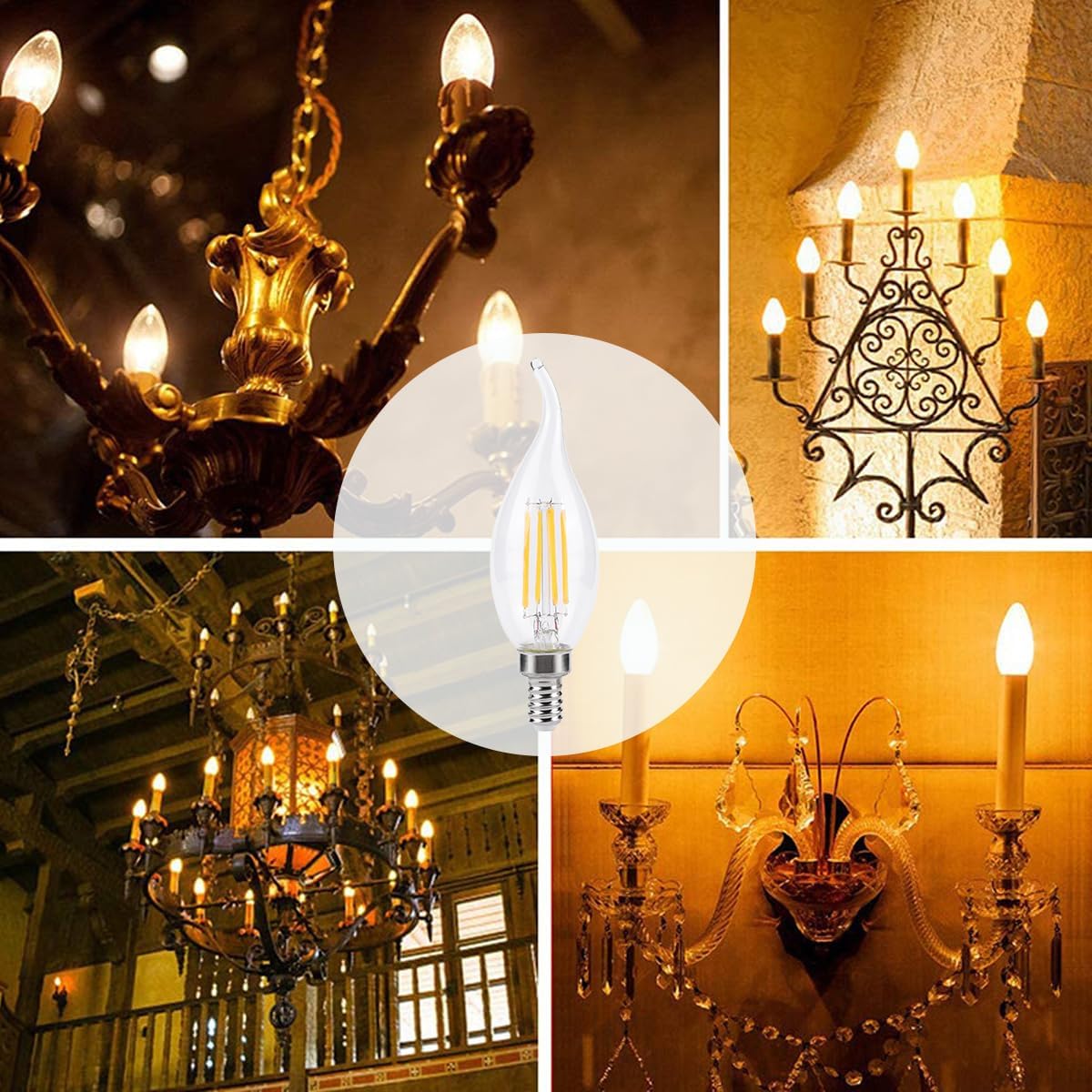 KINUR E12 Candelabra led Light Bulbs 4 Watt (40 Watt Equivalent) 2700K Warm White CA11 Flame Chandelier Decorative Candle Light Bulb Pendants Wall sconces Non-Dimmable 4Pack