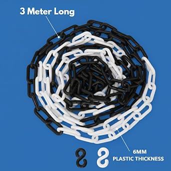 Berry Plastic Chain Barrier 3Meter 6mm | Safety Chain for Crowd Control, Queue Barrier, Construction Site, Warehouse & Road Safety | Warning Chain Link - Black and White