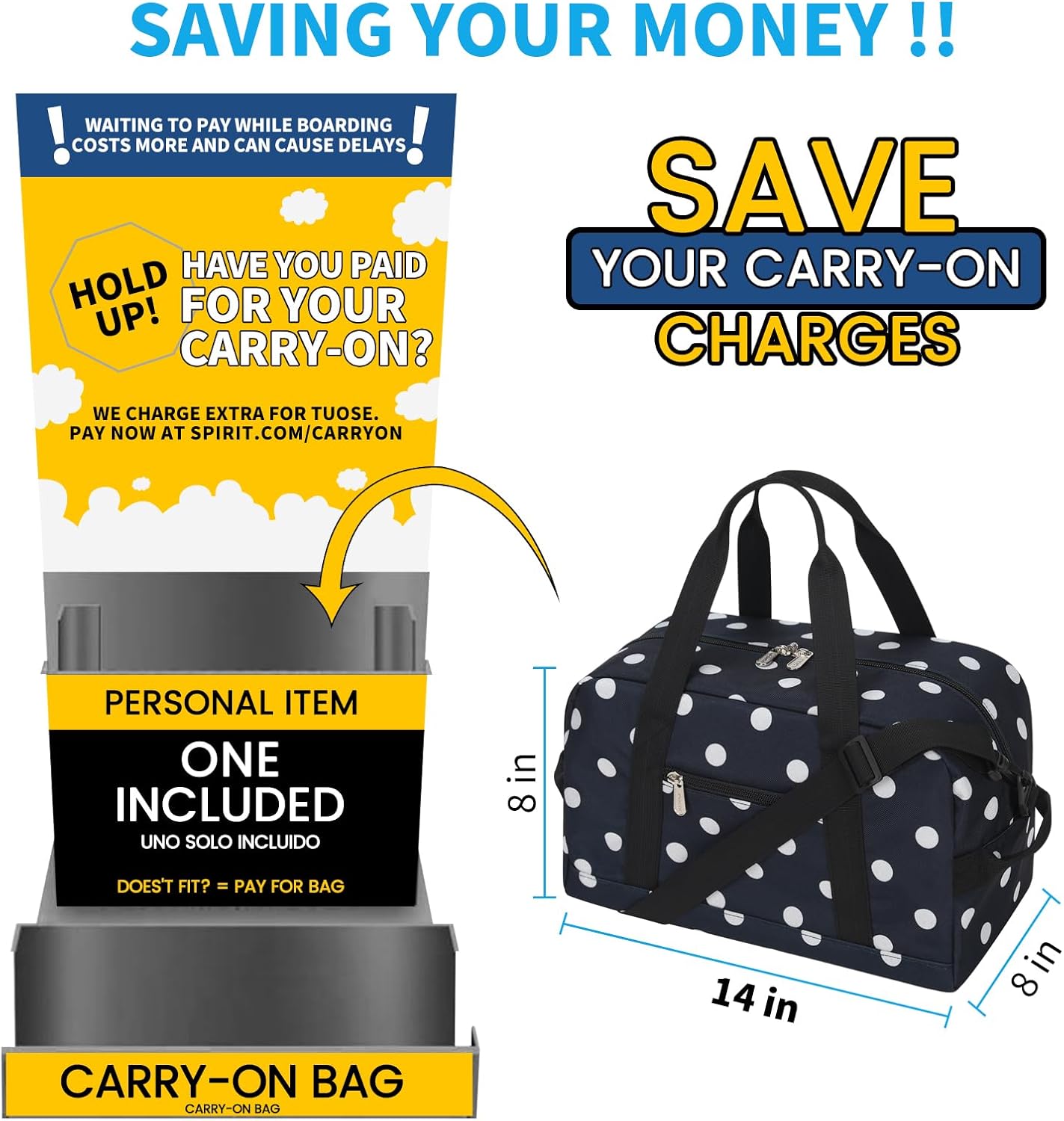 Small Gym Bag 14 inch lightweight Carry On Mini Duffel Bag for Travel Sport - Polka Dot Blue - Image 3