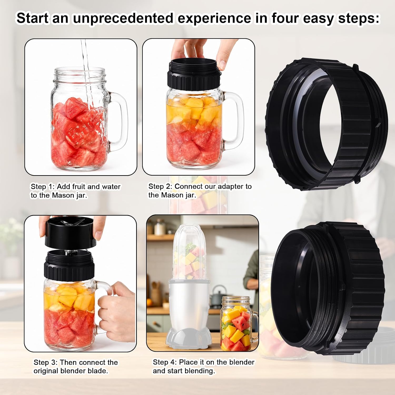 Adapter for 250W Magic Bullet Blender & Wide-Mouth Mason Jar, ABS Blender Adapter Replacement Parts with Silicone Sealing Ring for 16oz 32oz and 64oz Sizes (Black)