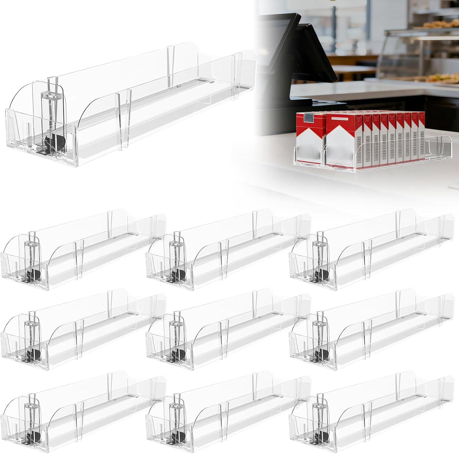 10 Pack Automatic Pusher Display Rack, Store Display Shelf and Case Stand, Space Saving Organizer for Retail Stores and Supermarkets