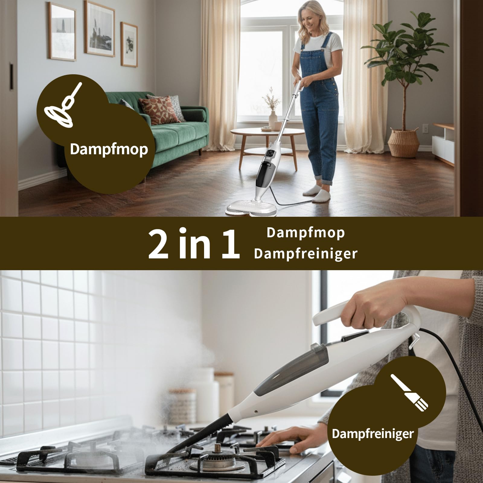2-in-1 Dampfreiniger Mop mit Handgerät, 30s Schnellaufheizung, 4 Mikrofaserpads, Für alle Hartböden und Teppiche,entfernt 99,9%,weiß