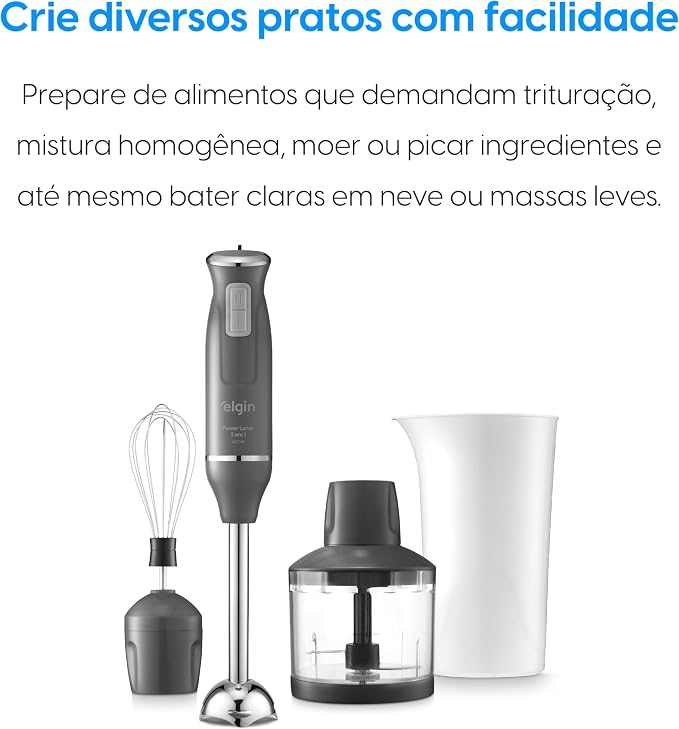 Mixer Elgin Power Lunar posicionado ao lado de seus acessorios com texto sobre facilidade no preparo de receitas