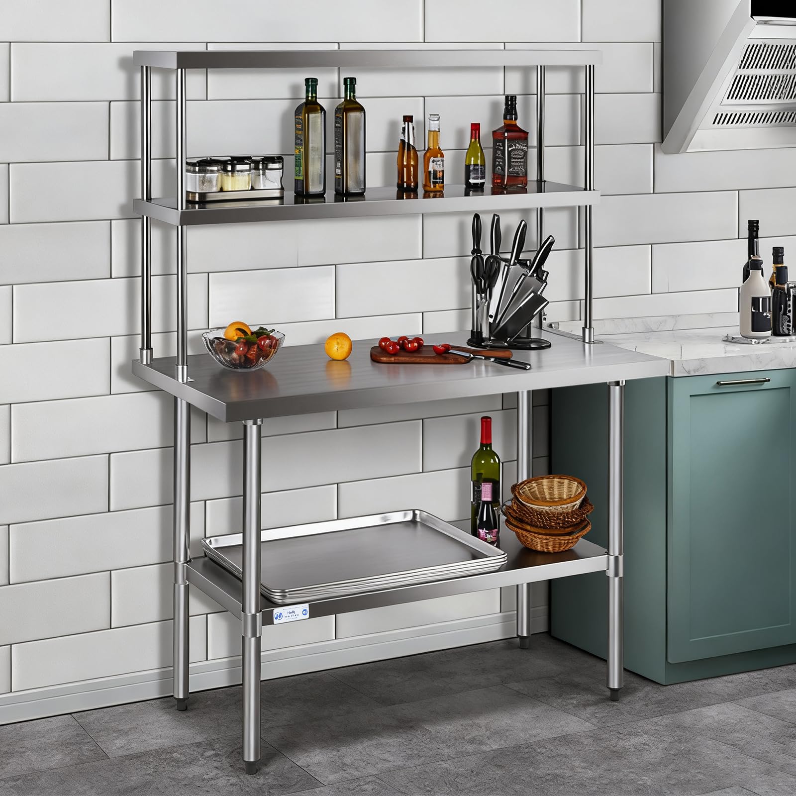 Hally - Estante doble de acero inoxidable de 12 x 60 pulgadas, capacidad de peso de 400 libras, estantes comerciales NSF de 2 niveles para mesa de preparación y trabajo en restaurante, hogar y cocina