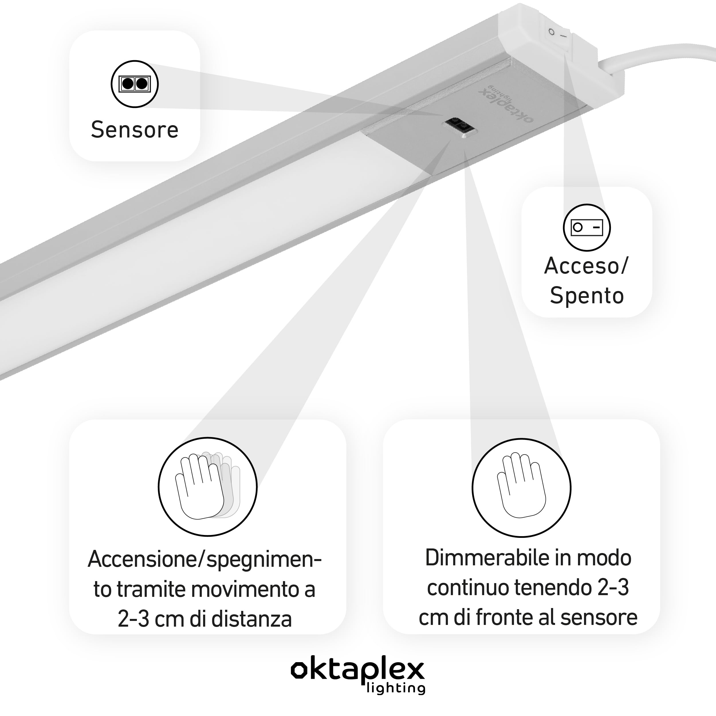 Oktaplex Riva luce LED sottopensile con sensore 90 cm | 730 lm e 10 W, 3000 K bianco caldo su 230 V, dimmerabile con sensore gestuale e corpo in alluminio argento ultrapiatto