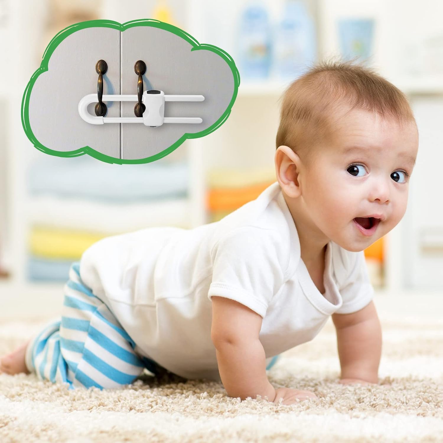 4 Pcs Baby Proof Cabinet Locks Sliding Childproof Cabinet Latches | White, Handles Drawers Closet Fridge, U Shaped Adjustable Locks
