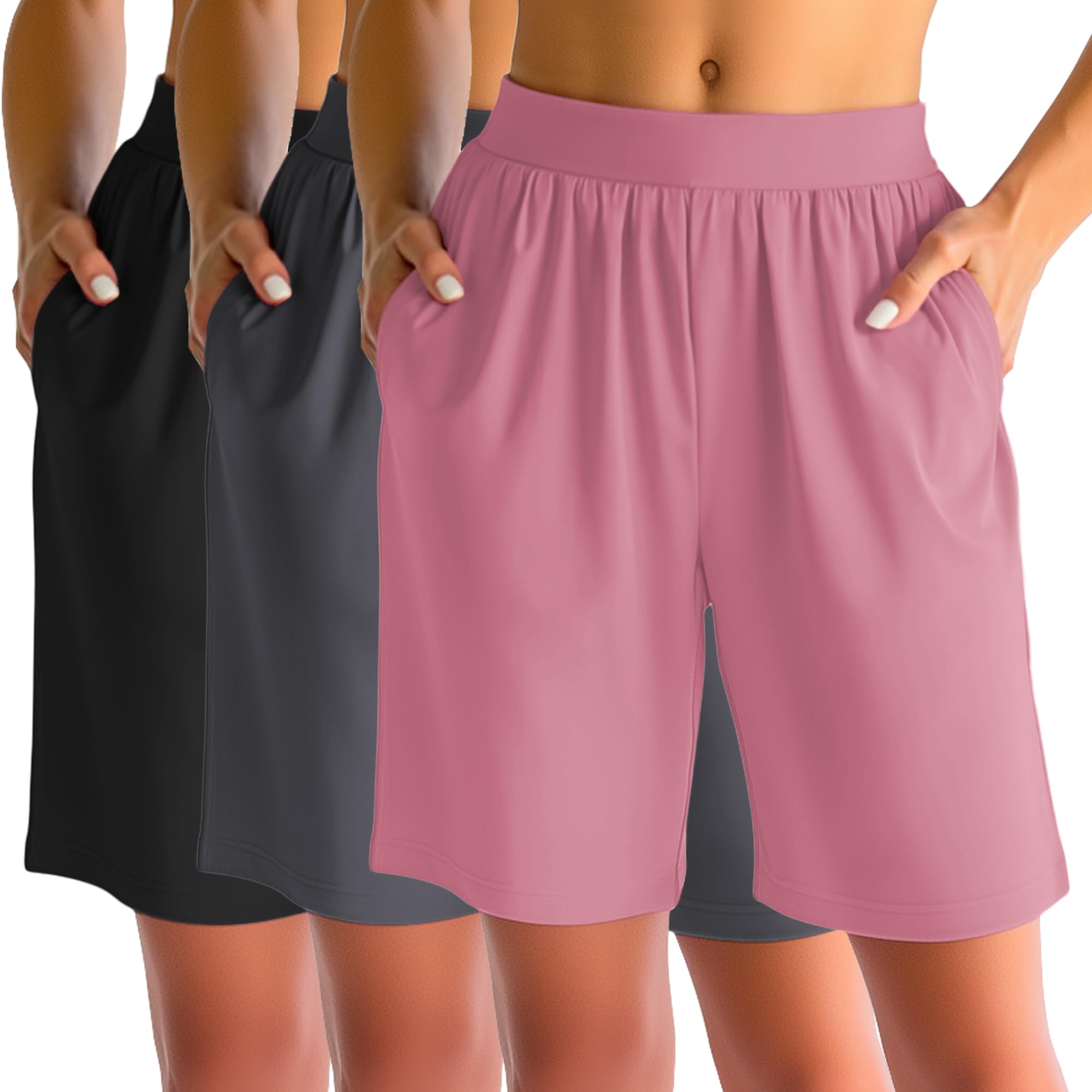 Huukeay 3 Pack Women's 8" Bermuda Shorts, High Waist Stretch Casual Knee Length Bottoms Summer Athletic Gym Short with Pocket