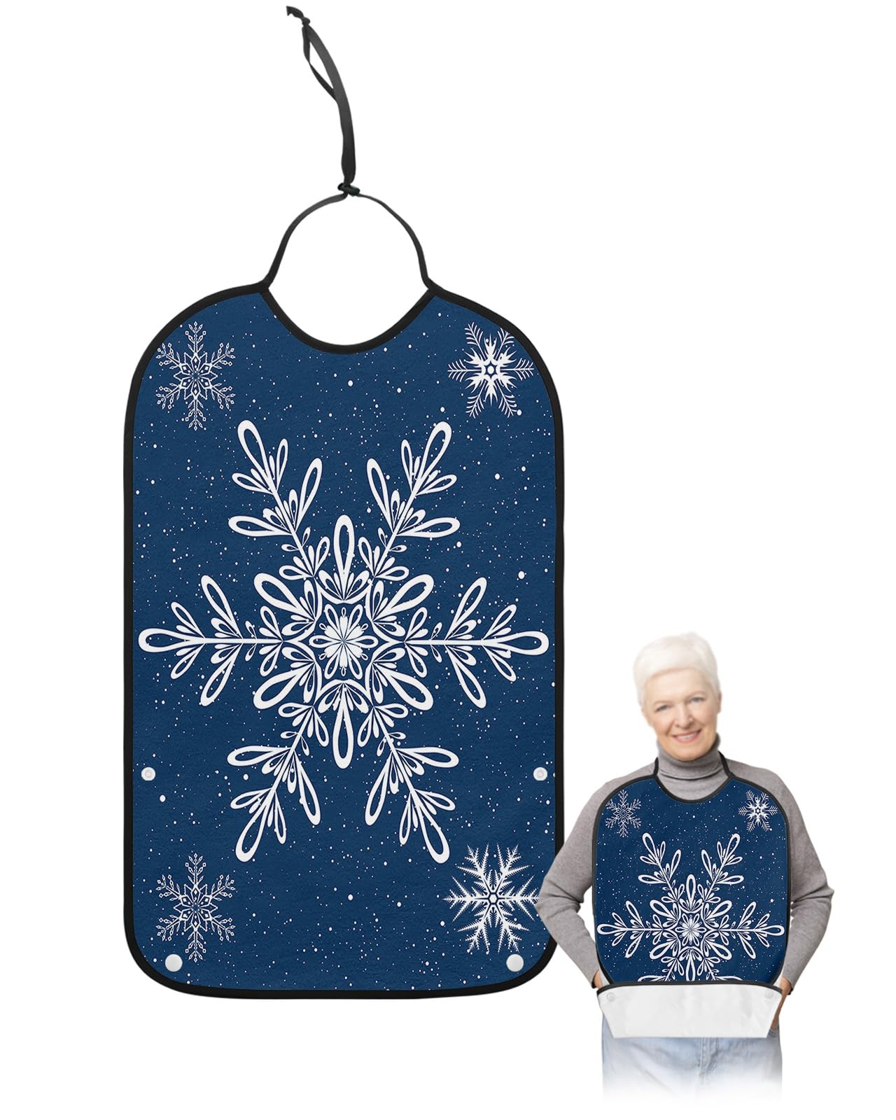 Jolunifun White Snowflake Adult Bib for Adults Men, Women, Washable & Adjustable Terry Cloth Bib with Crumb Catcher Reusable Waterproof Clothing Clothes Protector Apron Winter Christmas Holiday Blue