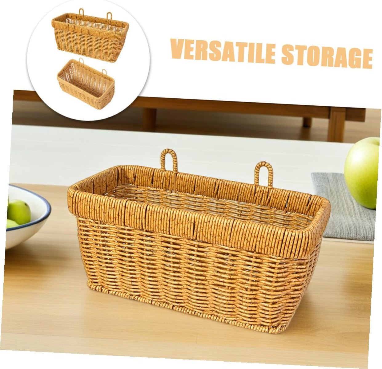 2pcs Kitchen Hanging Woven Basket Set, Imitation Rattan Wall Mounted Organizer for Vegetables, Fruits, Garlic, Ginger, and Eggs, Plastic Storage Bins for Kitchen Pantry