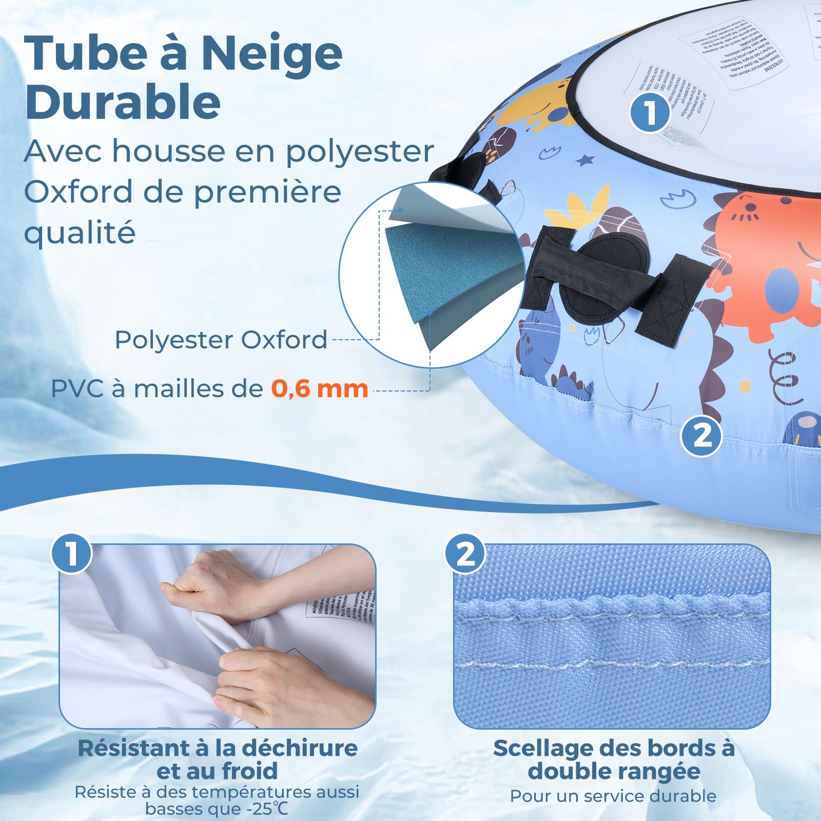 COSTWAY Luge Bouée Gonflable, Traîneau à Neige Robuste en Housse Oxford avec Poignées Robustes Gonfleur Manuel, Jouets Amusants d'hiver pour Enfants Adultes (Dinosaure)