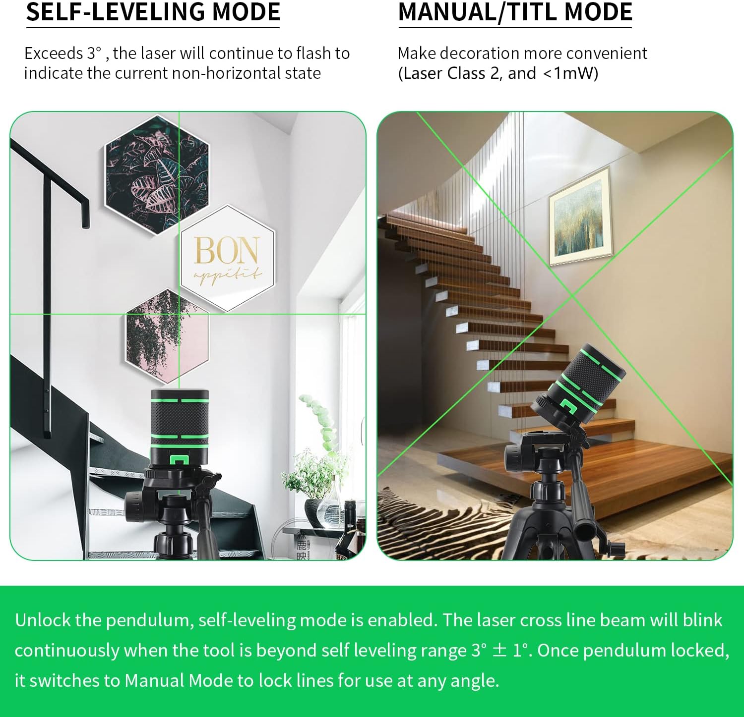 Laser Level Self Leveling 360°, Fancyall Green Laser Level 2 Lines, Cross Line Laser, Lazer Level Manual / Self Leveling with Laser Class 2 (Pmax<1mW, Leveling accuracy:±1mm/7m) : Musical Instruments