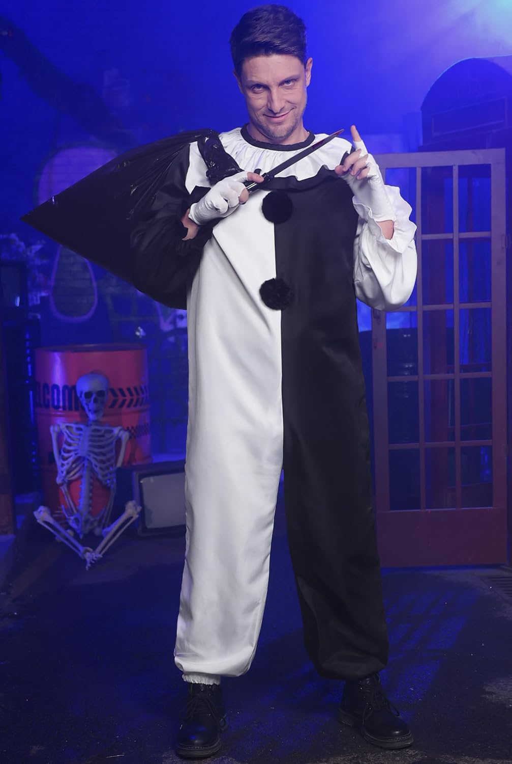 Mainfini 3 Pcs Men's Art Clown Costume Scary Killer Jumpsuit with Gloves Metallic Horn No Mask (S-3XL)