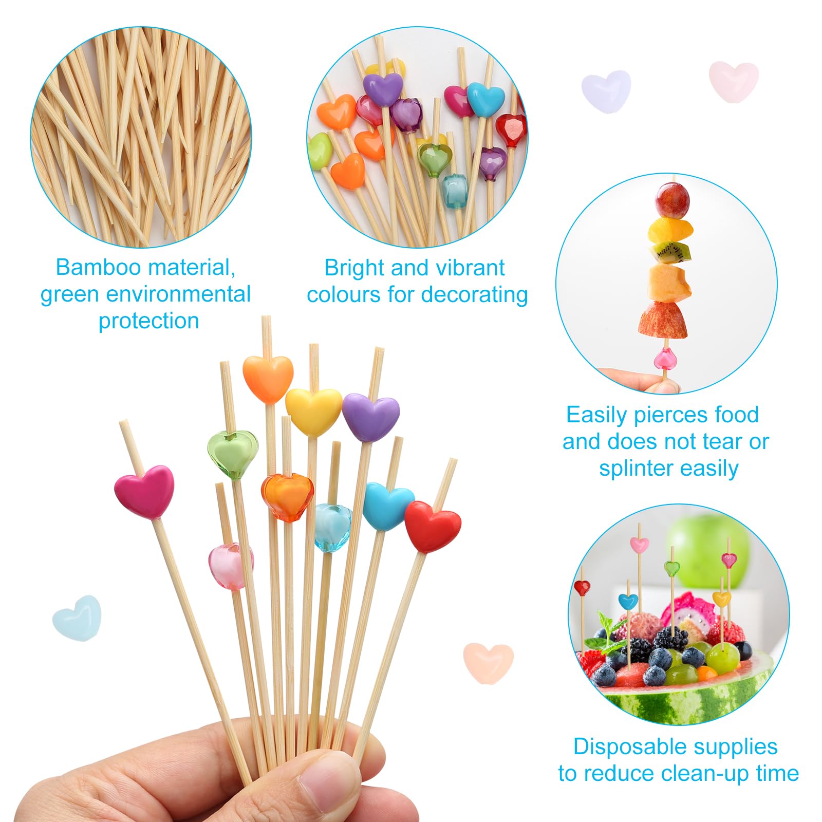 200 Piques Cocktail Bois Cœur Coloré Et Pentagramme - Décoration Amuse-Bouches 12cm