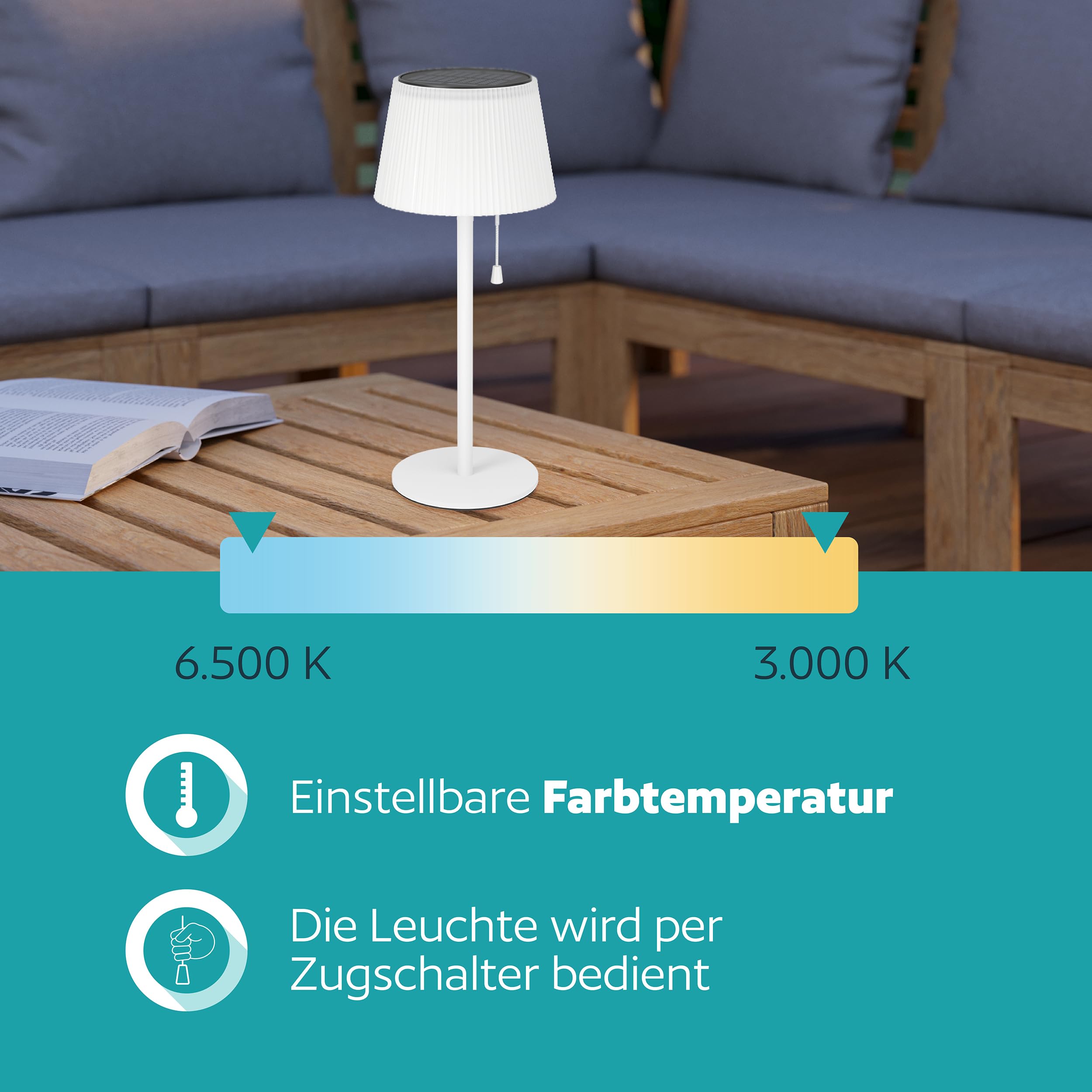 EGLO Solar Tischleuchte Scordiano, Outdoor Akku Tischlampe mit Zugschalter, kabellose Solarlampe für außen, Stahl und Kunststoff in Weiß, warmweiß - kaltweiß, IP44